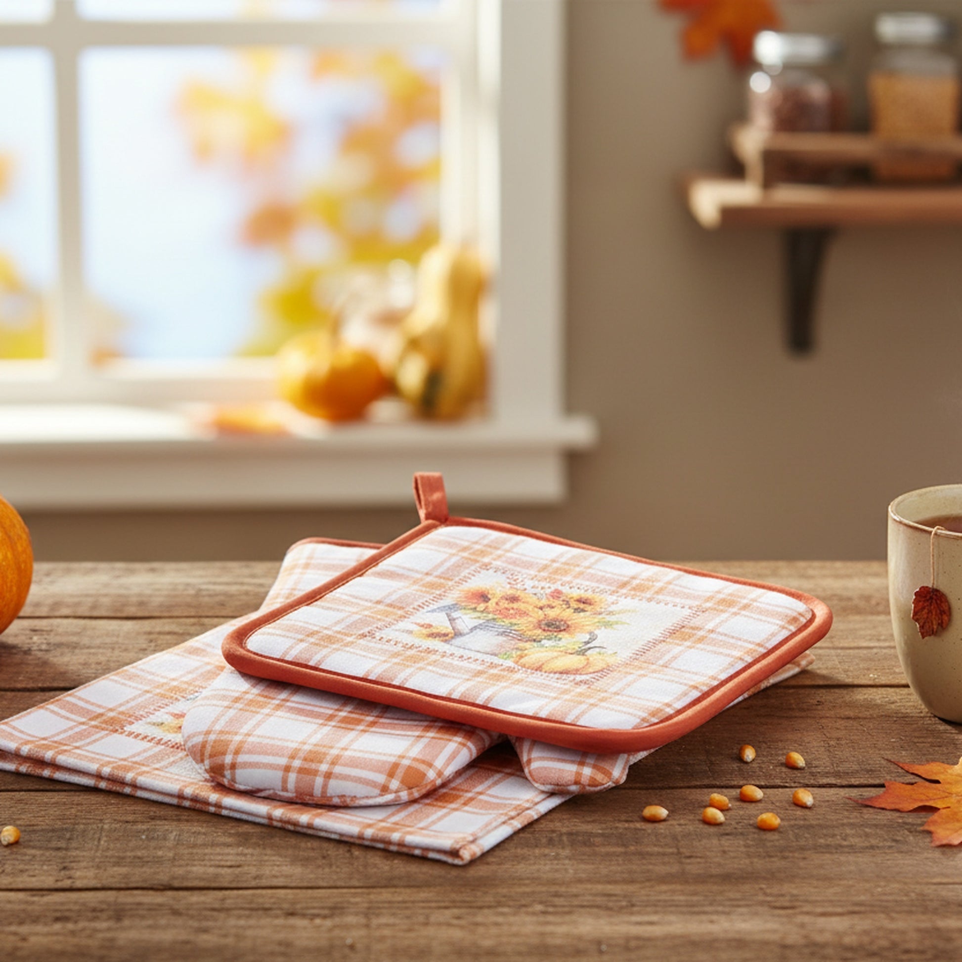 3 Piece Kitchen Set Orange Plaid Sunflower & Pumpkin, Fall Harvest, Holiday Decor- Set of 2