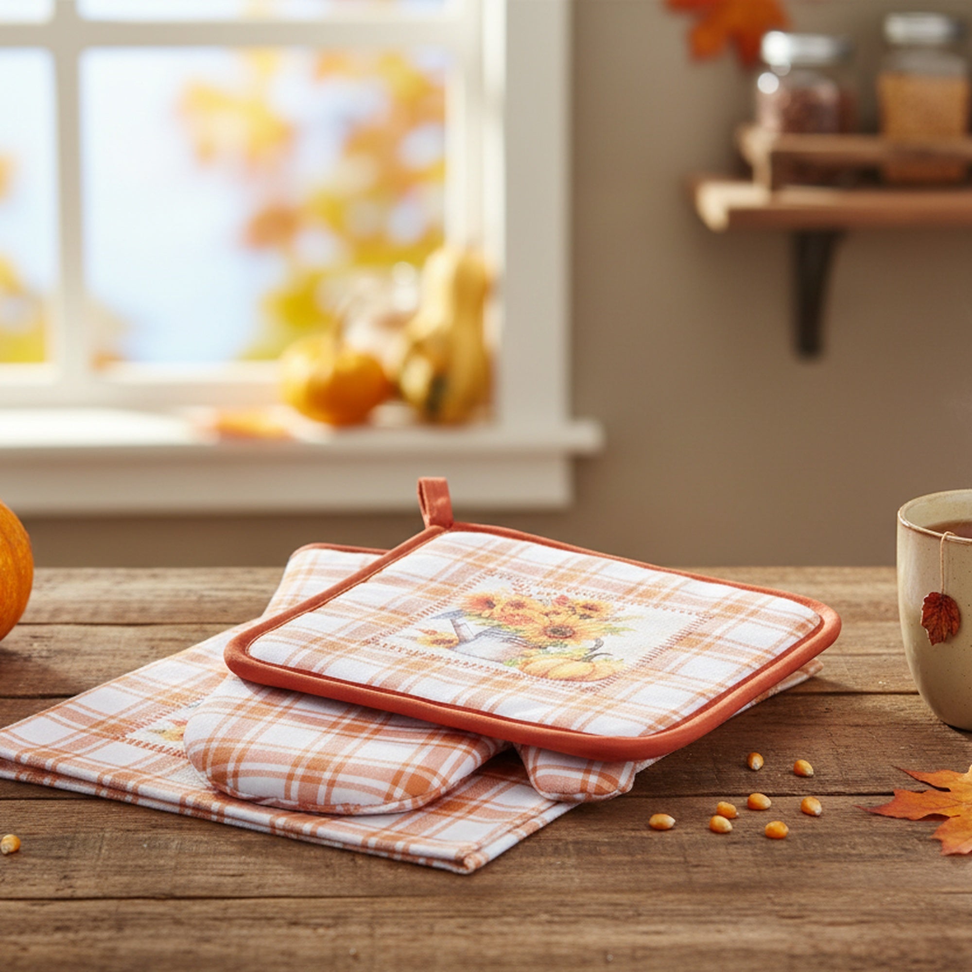 3 Piece Kitchen Set Orange Plaid Sunflower & Pumpkin, Fall Harvest, Holiday Decor- Set of 2