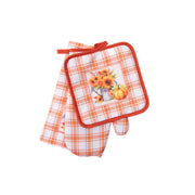 3 Piece Kitchen Set Orange Plaid Sunflower & Pumpkin, Fall Harvest, Holiday Decor- Set of 2