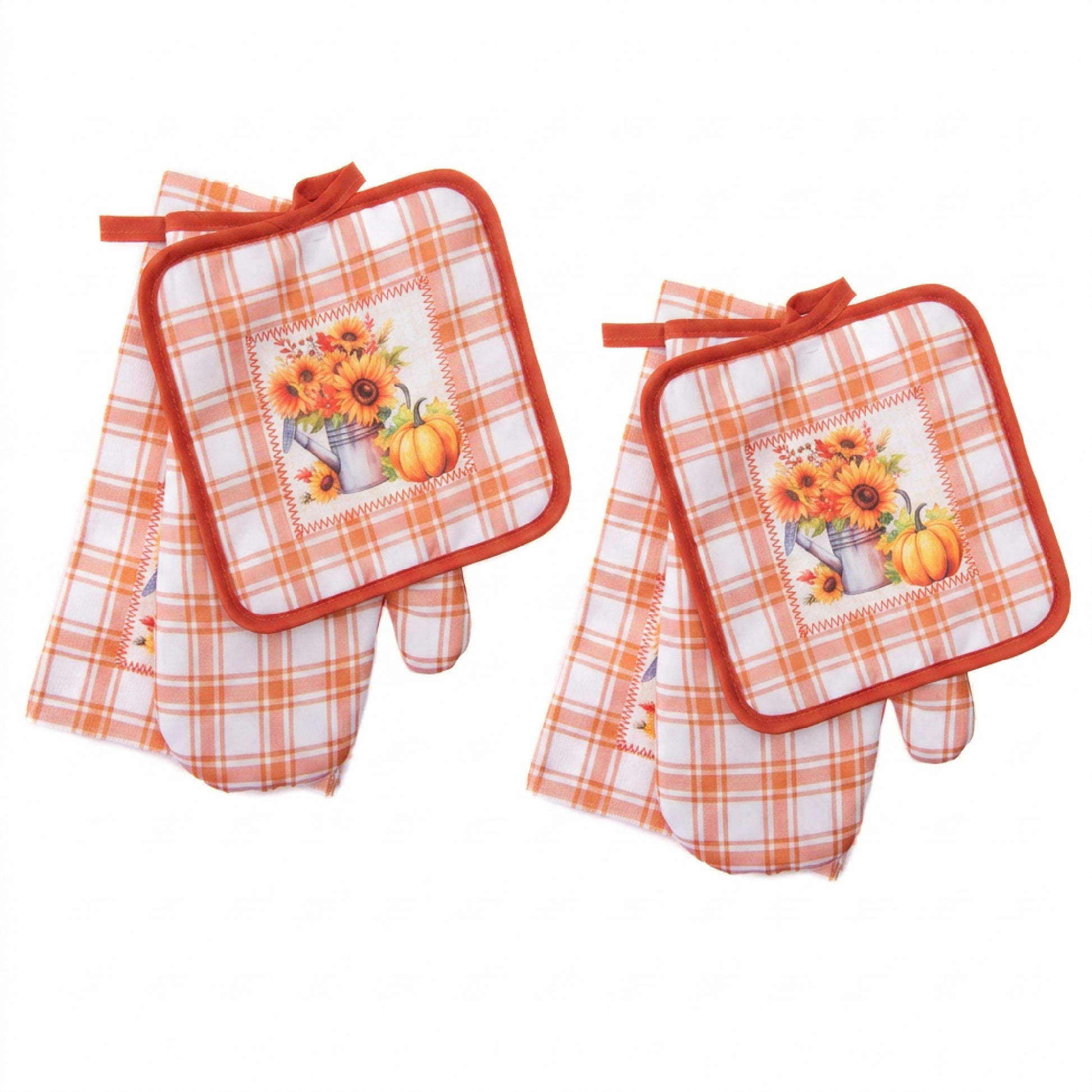 3 Piece Kitchen Set Orange Plaid Sunflower & Pumpkin, Fall Harvest, Holiday Decor- Set of 2