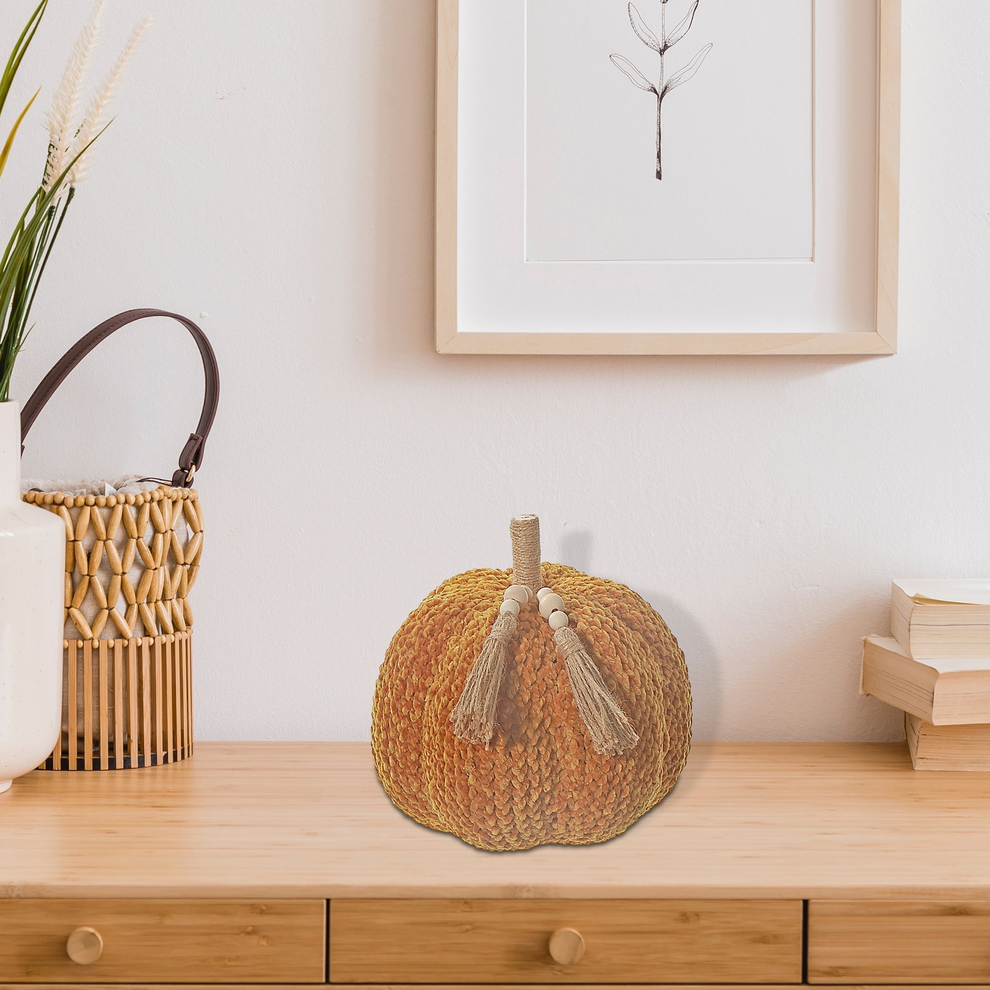 Yellow Polyester Pumpkin Decoration, Fall Harvest Decor, Thanksgiving Tabletop Decoration