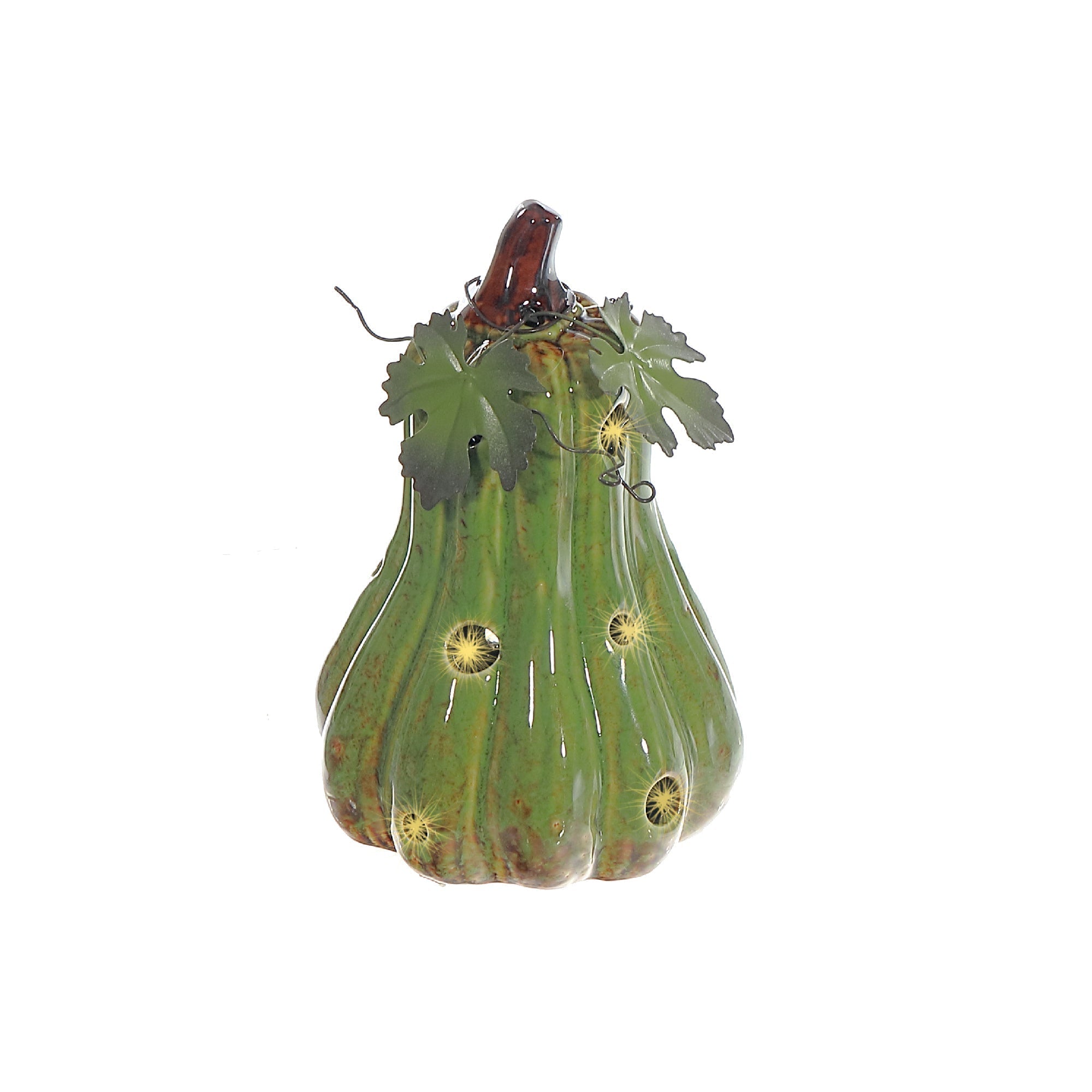 LED Porcelain Squash Decor Green – Fall/Autumn Tabletop Decoration, Holiday Accent, Illuminated Seasonal Decor