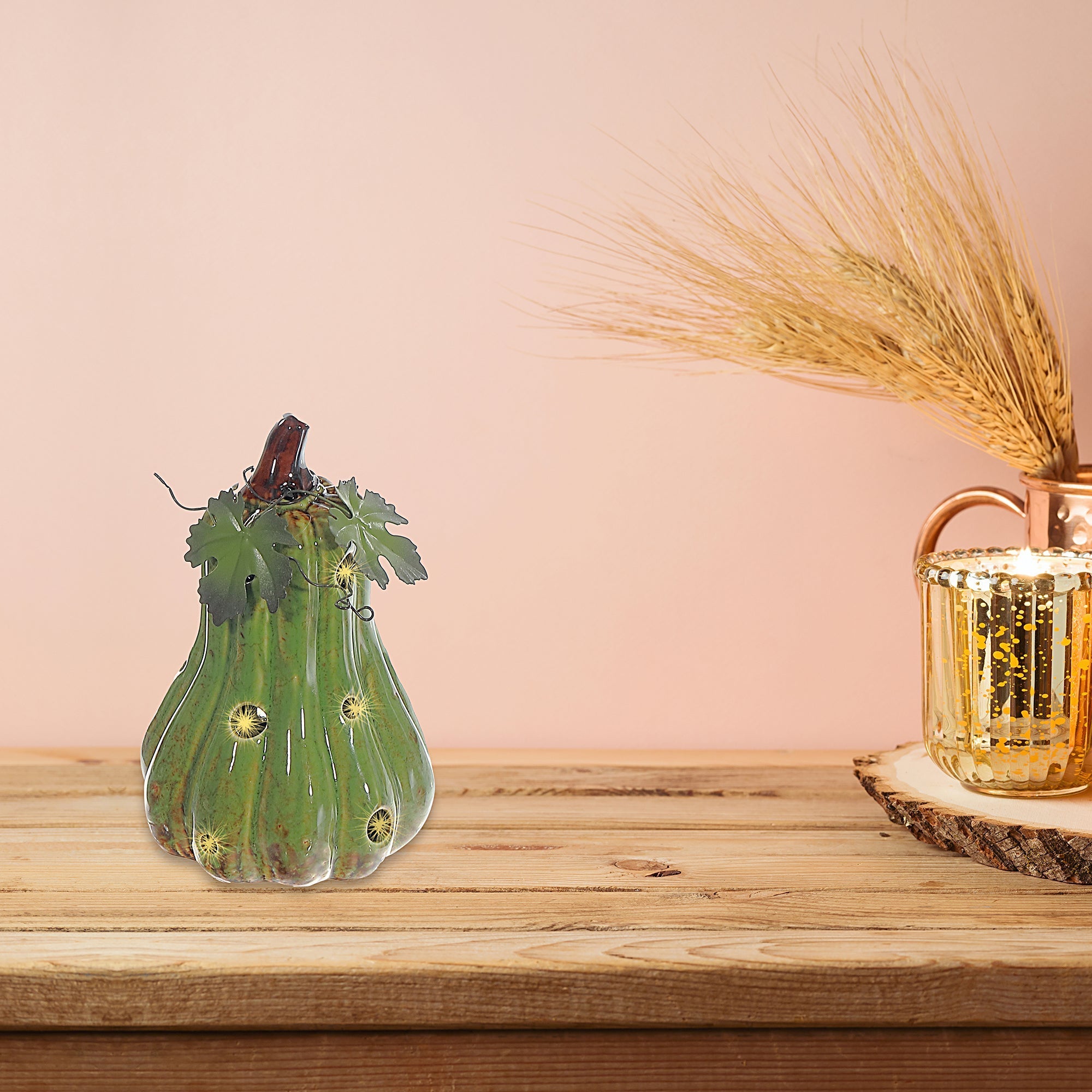 LED Porcelain Squash Decor Green – Fall/Autumn Tabletop Decoration, Holiday Accent, Illuminated Seasonal Decor