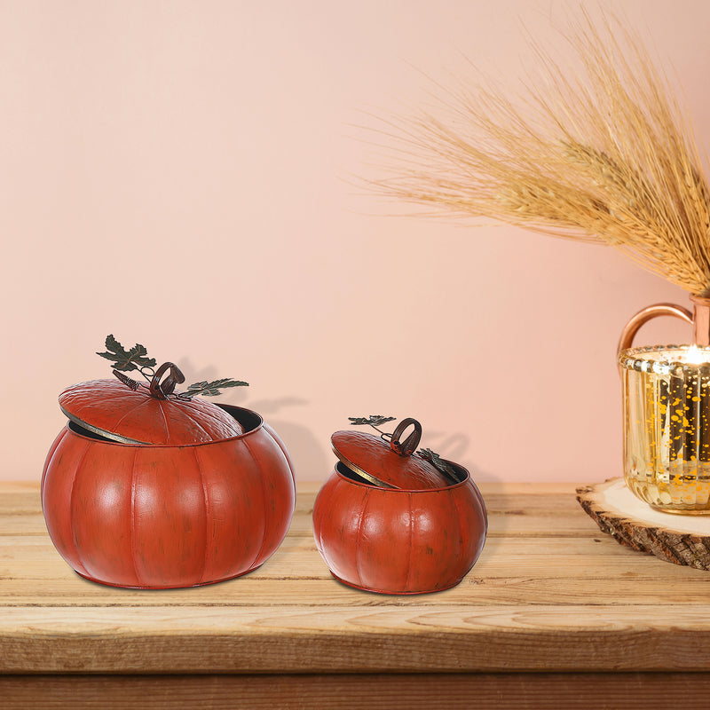 Metal Orange Pumpkin Jar With Lid Set Of 2