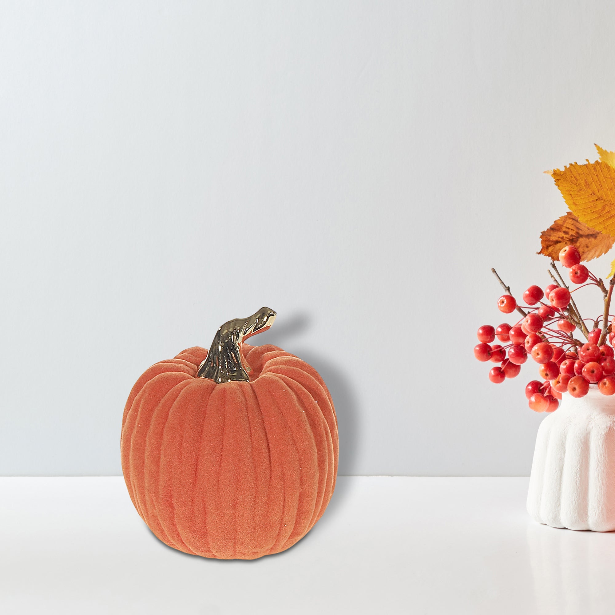 Small Dolomite Flocked Pumpkin – Autumn Table Decoration, Holiday Accent