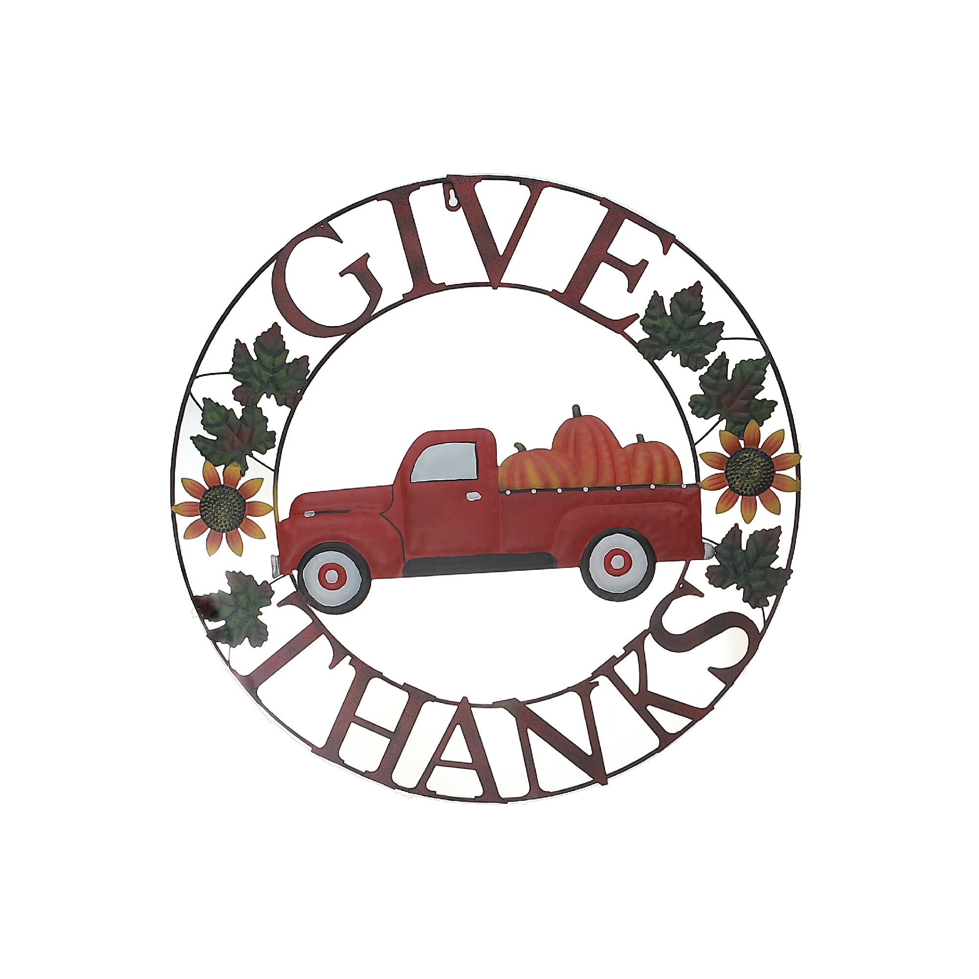 24-Inch Metal Red Truck Wheel Decor Give Thanks – Thanksgiving Wall Decoration, Fall Holiday Decor, Rustic Indoor/Outdoor Accent