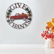 24-Inch Metal Red Truck Wheel Decor Give Thanks – Thanksgiving Wall Decoration, Fall Holiday Decor, Rustic Indoor/Outdoor Accent