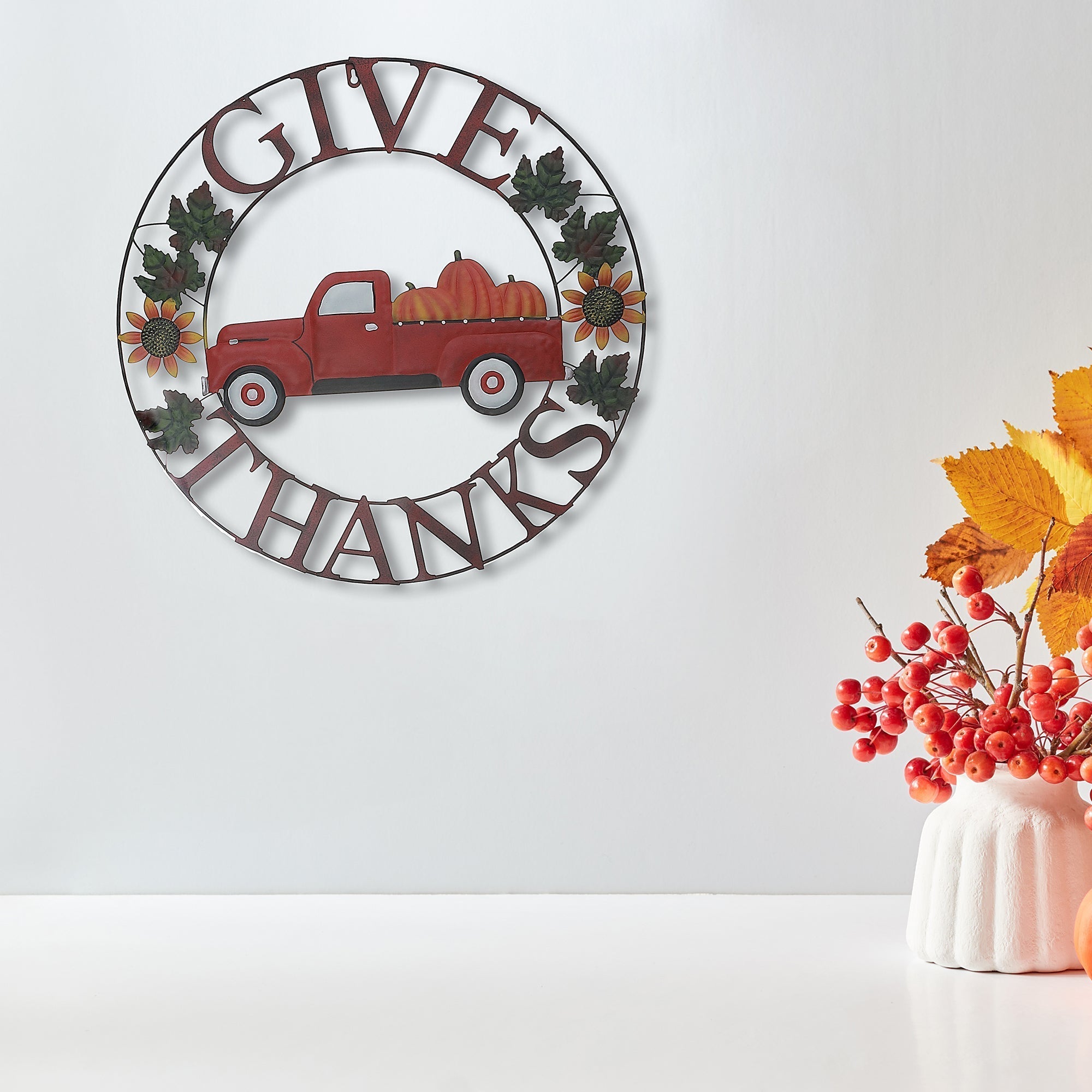 24-Inch Metal Red Truck Wheel Decor Give Thanks – Thanksgiving Wall Decoration, Fall Holiday Decor, Rustic Indoor/Outdoor Accent
