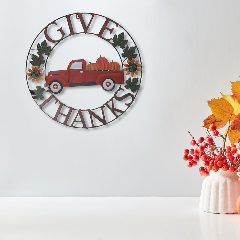 24" Metal Red Truck Wheel Décor (Give Thanks)