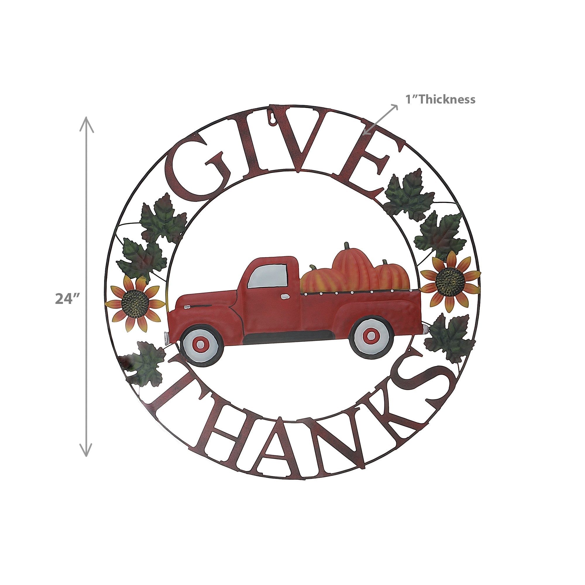 24-Inch Metal Red Truck Wheel Decor Give Thanks – Thanksgiving Wall Decoration, Fall Holiday Decor, Rustic Indoor/Outdoor Accent