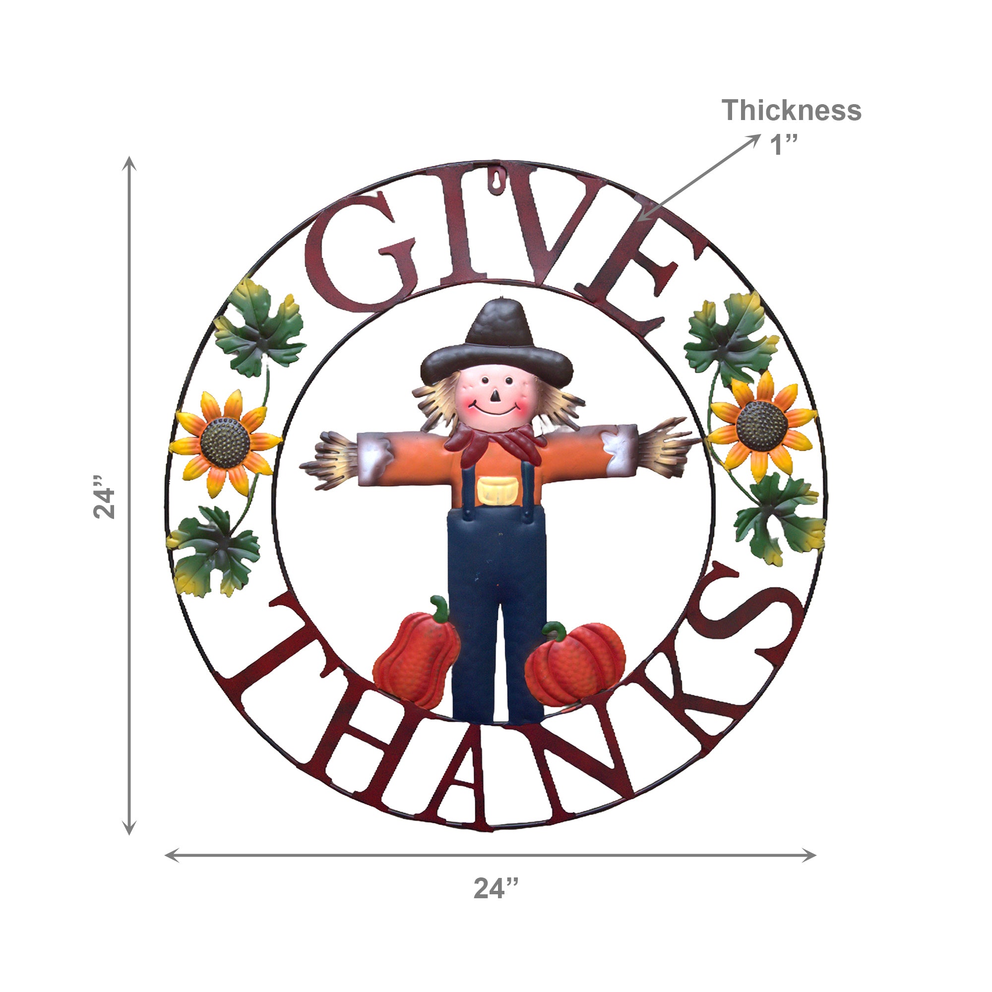 24" Metal Wheel Decor Scarecrow Give Thanks, Fall Harvest, Holiday Decor