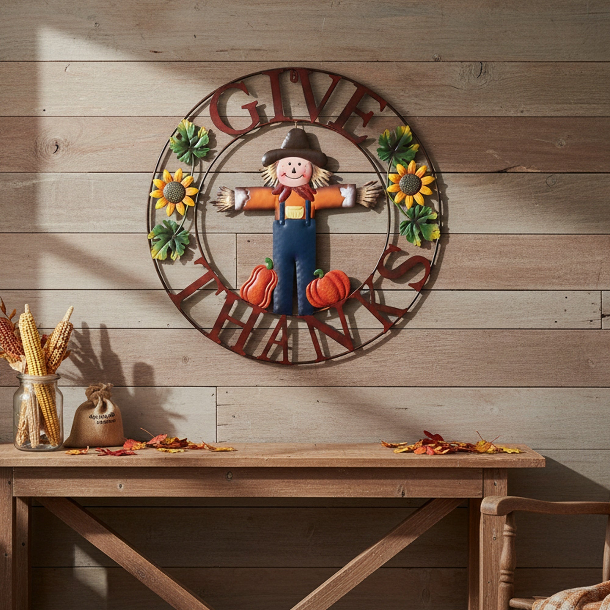 24" Metal Wheel Decor Scarecrow Give Thanks, Fall Harvest, Holiday Decor