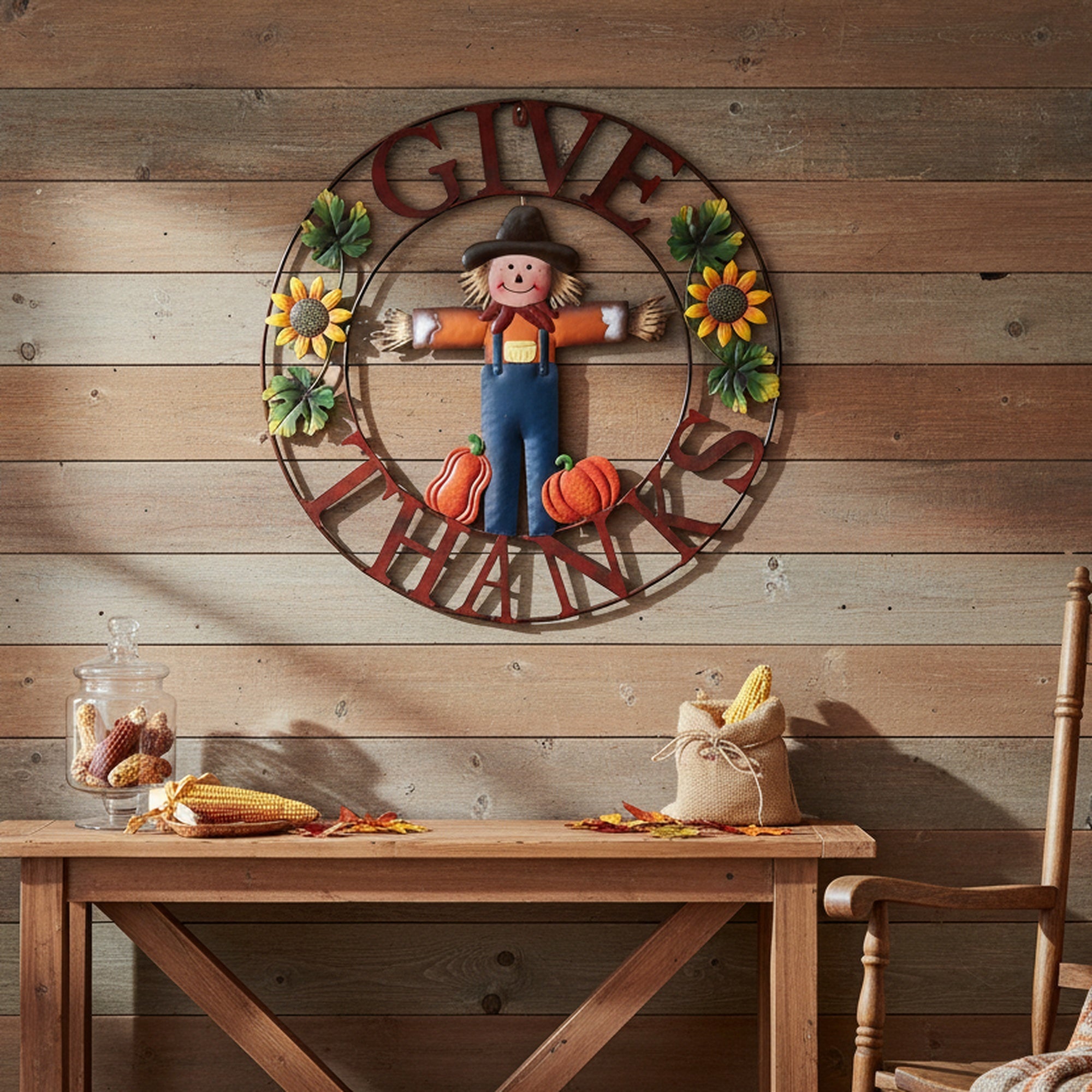 24" Metal Wheel Decor Scarecrow Give Thanks, Fall Harvest, Holiday Decor