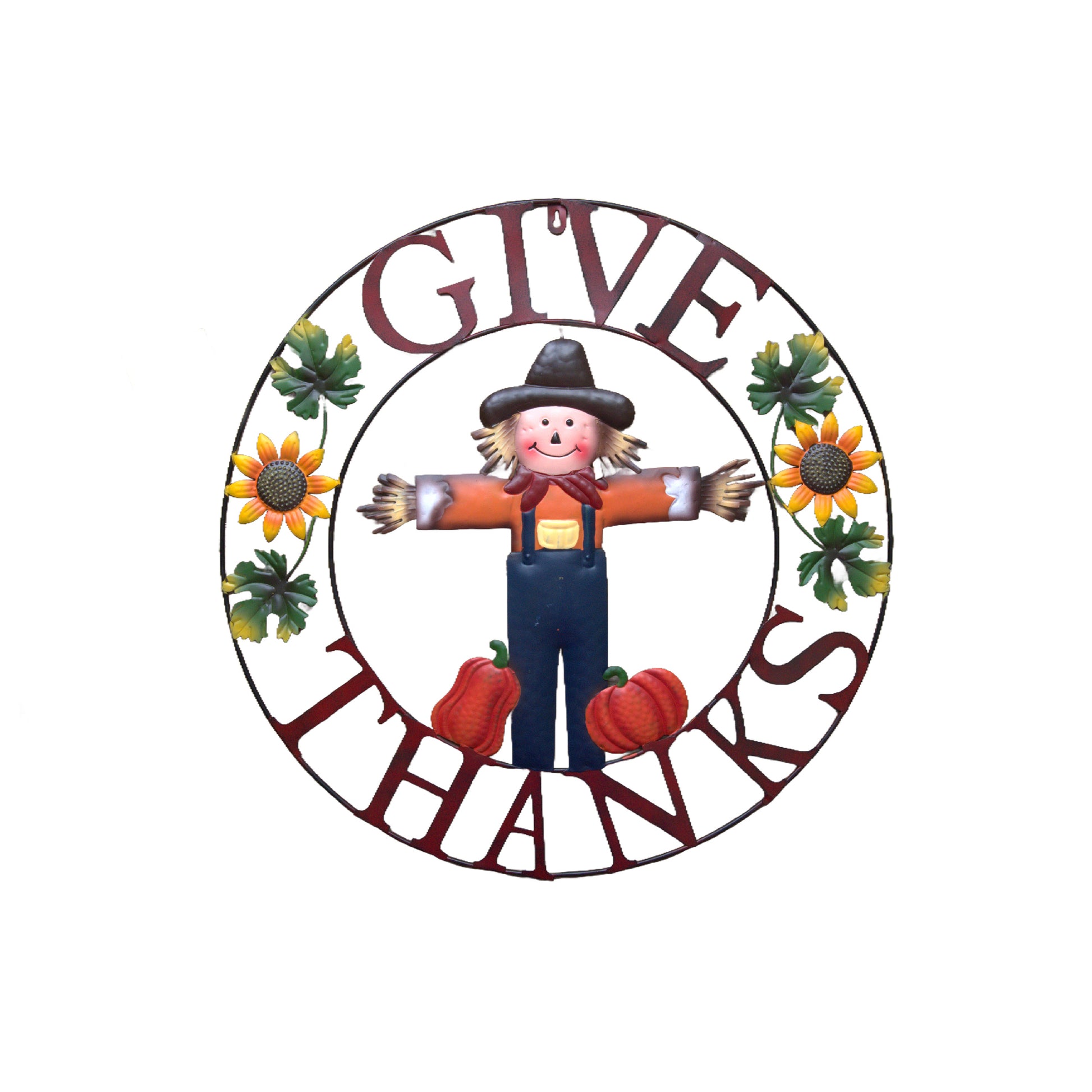 24" Metal Wheel Decor Scarecrow Give Thanks, Fall Harvest, Holiday Decor