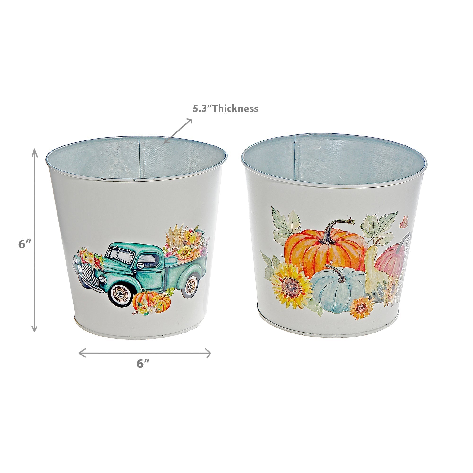 6" Round Planter Set of 2 Pumpkin Patch, Green Truck – Fall/Autumn Tabletop Planters, Thanksgiving Home Accent
