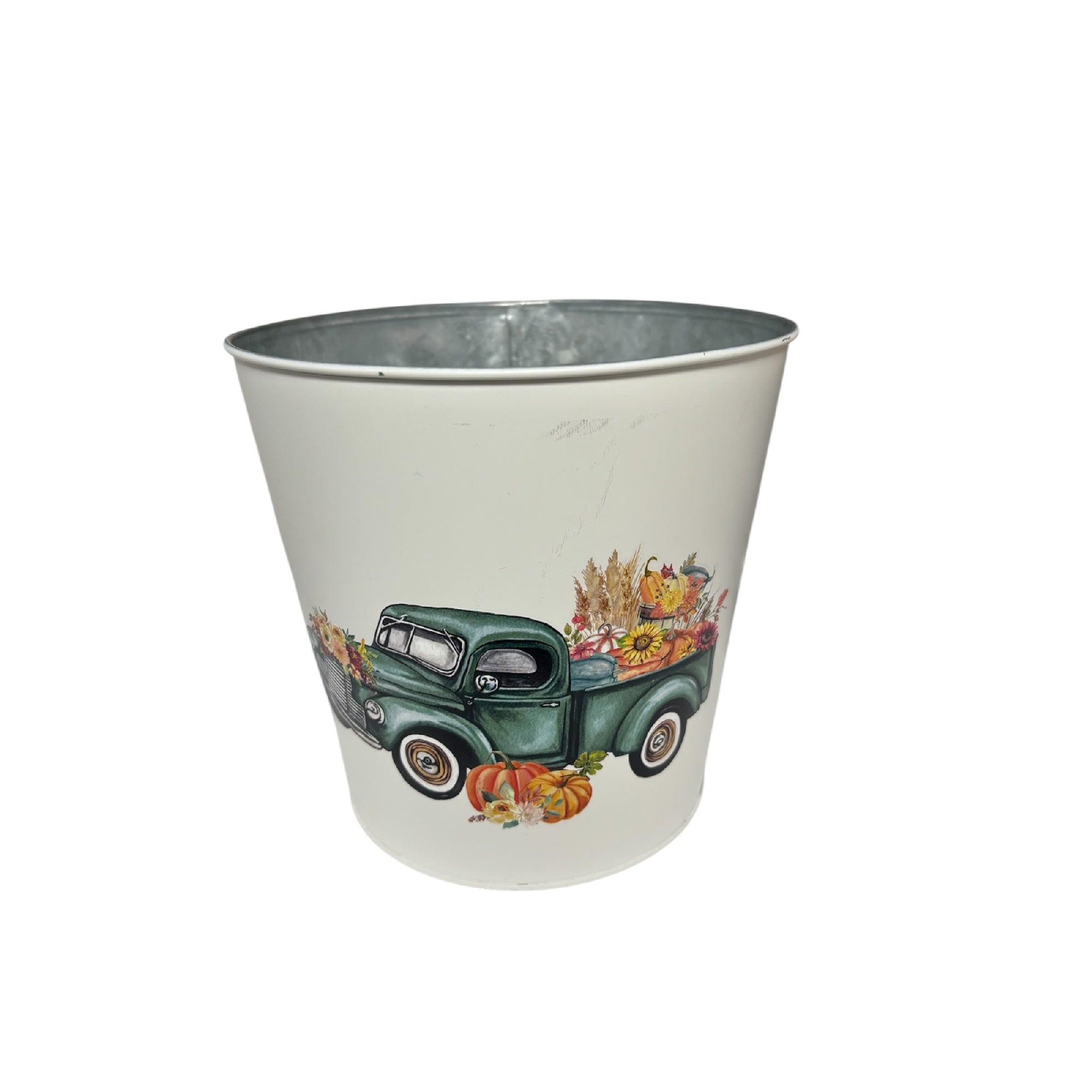6" Round Planter Set of 2 Pumpkin Patch, Green Truck – Fall/Autumn Tabletop Planters, Thanksgiving Home Accent
