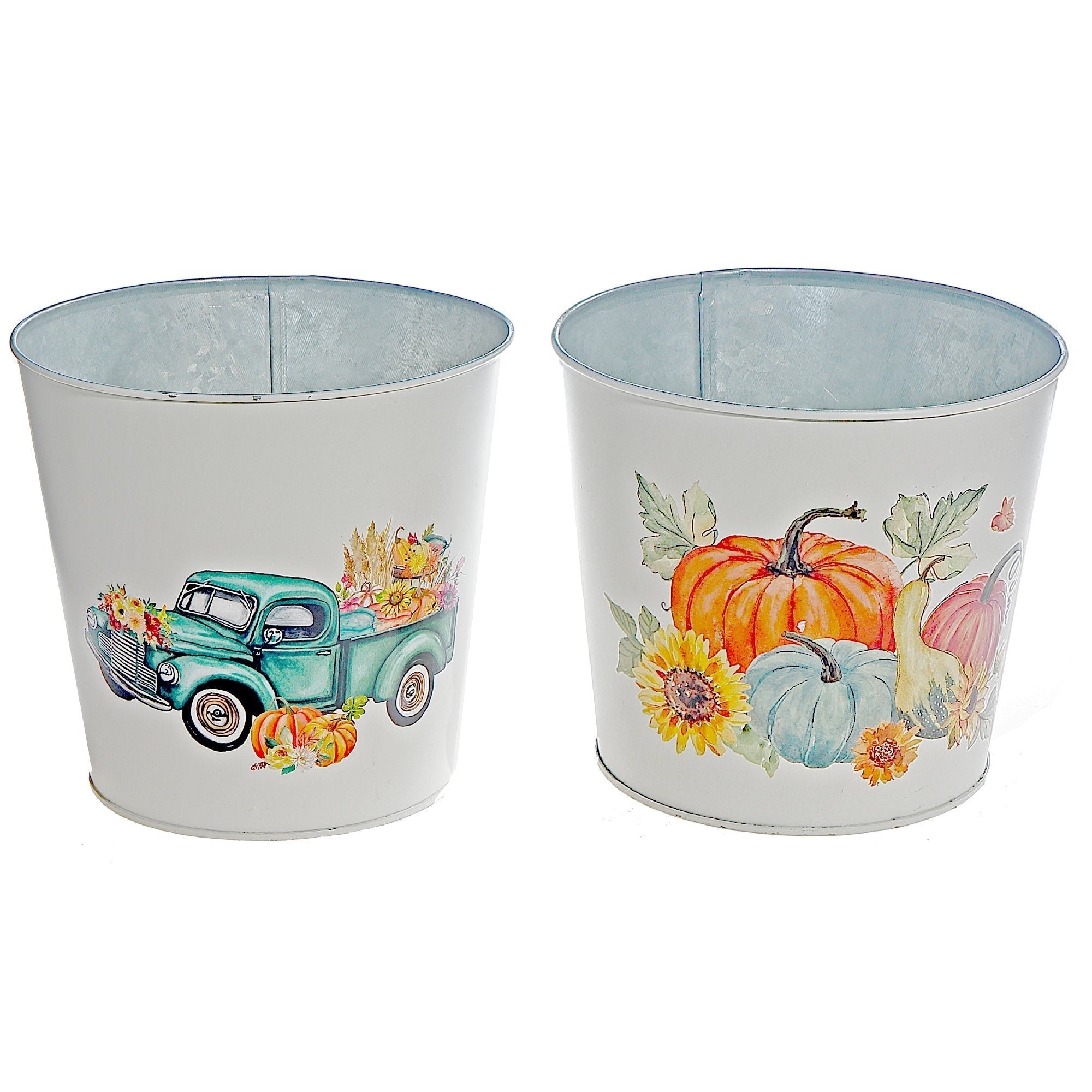 6" Round Planter Set of 2 Pumpkin Patch, Green Truck – Fall/Autumn Tabletop Planters, Thanksgiving Home Accent