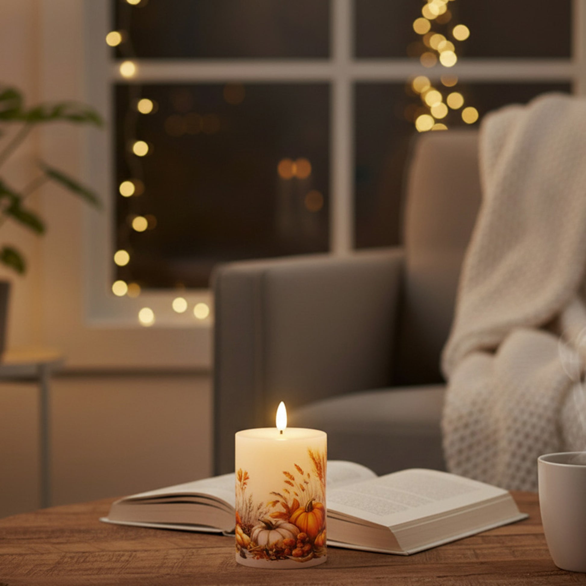 LED Wax Pillar Candle with Decal Pumpkins 3" X 4", Decorative Candle, Holiday Decor- Set of 2