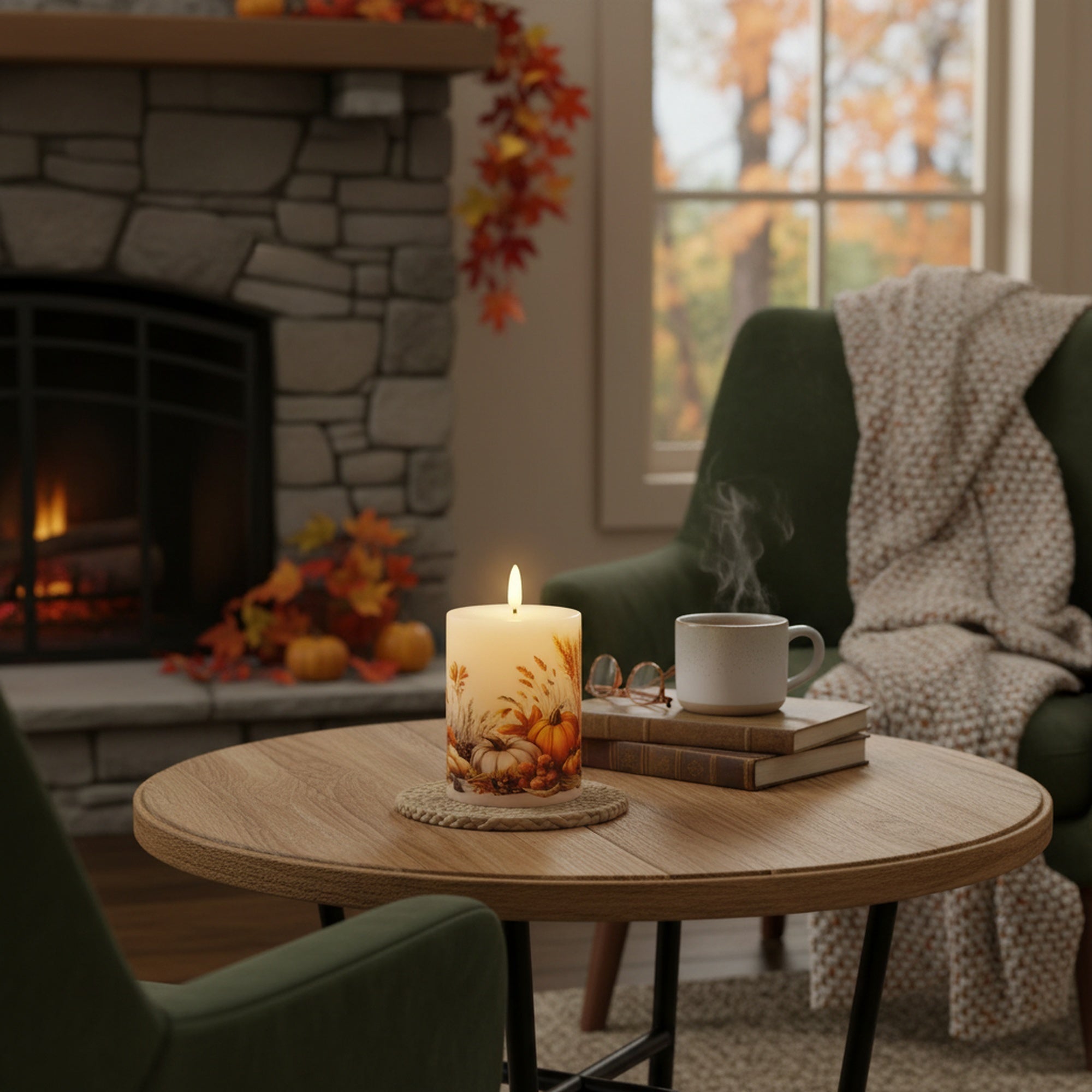 LED Wax Pillar Candle with Decal Pumpkins 3" X 4", Decorative Candle, Holiday Decor- Set of 2