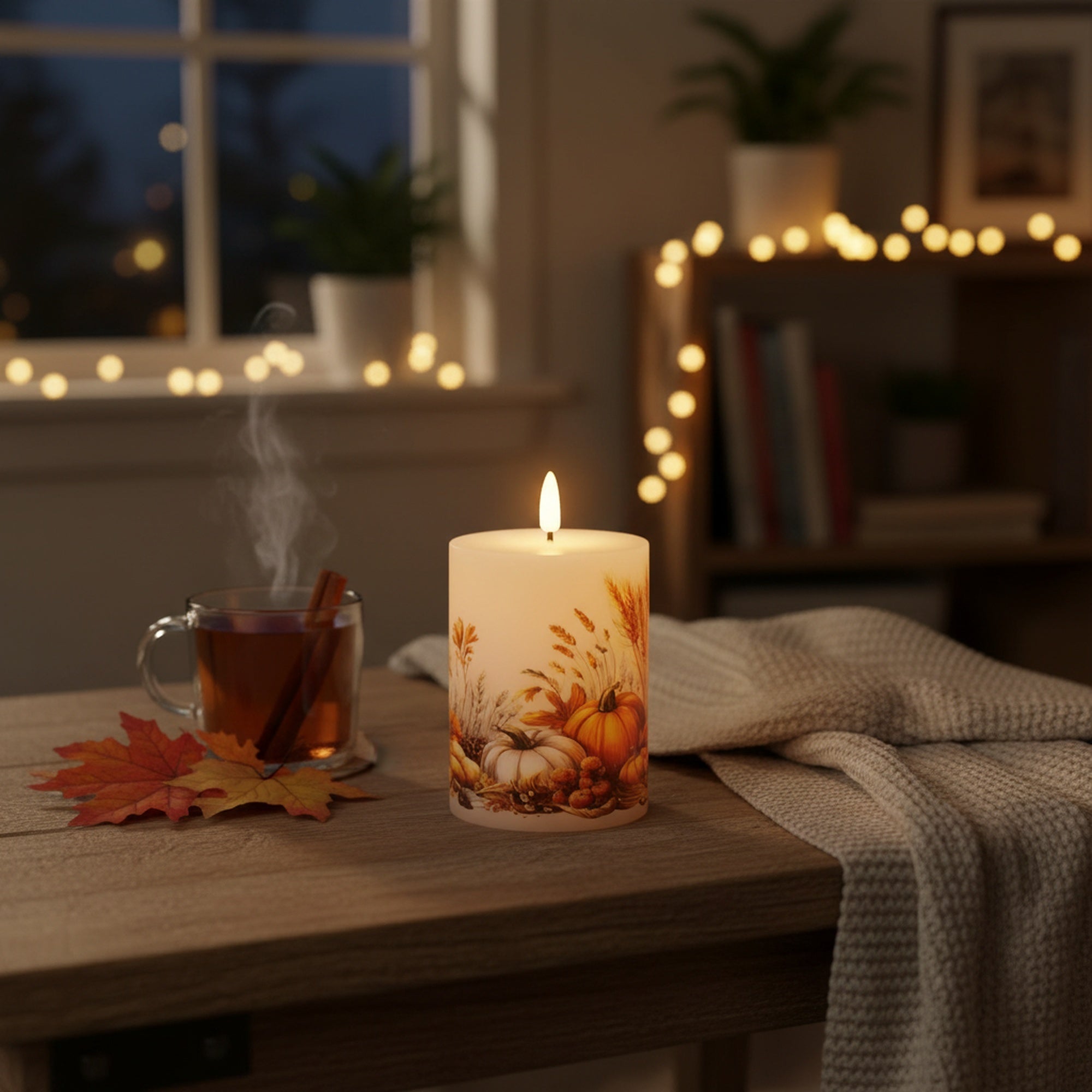 LED Wax Pillar Candle with Decal Pumpkins 3" X 4", Decorative Candle, Holiday Decor- Set of 2
