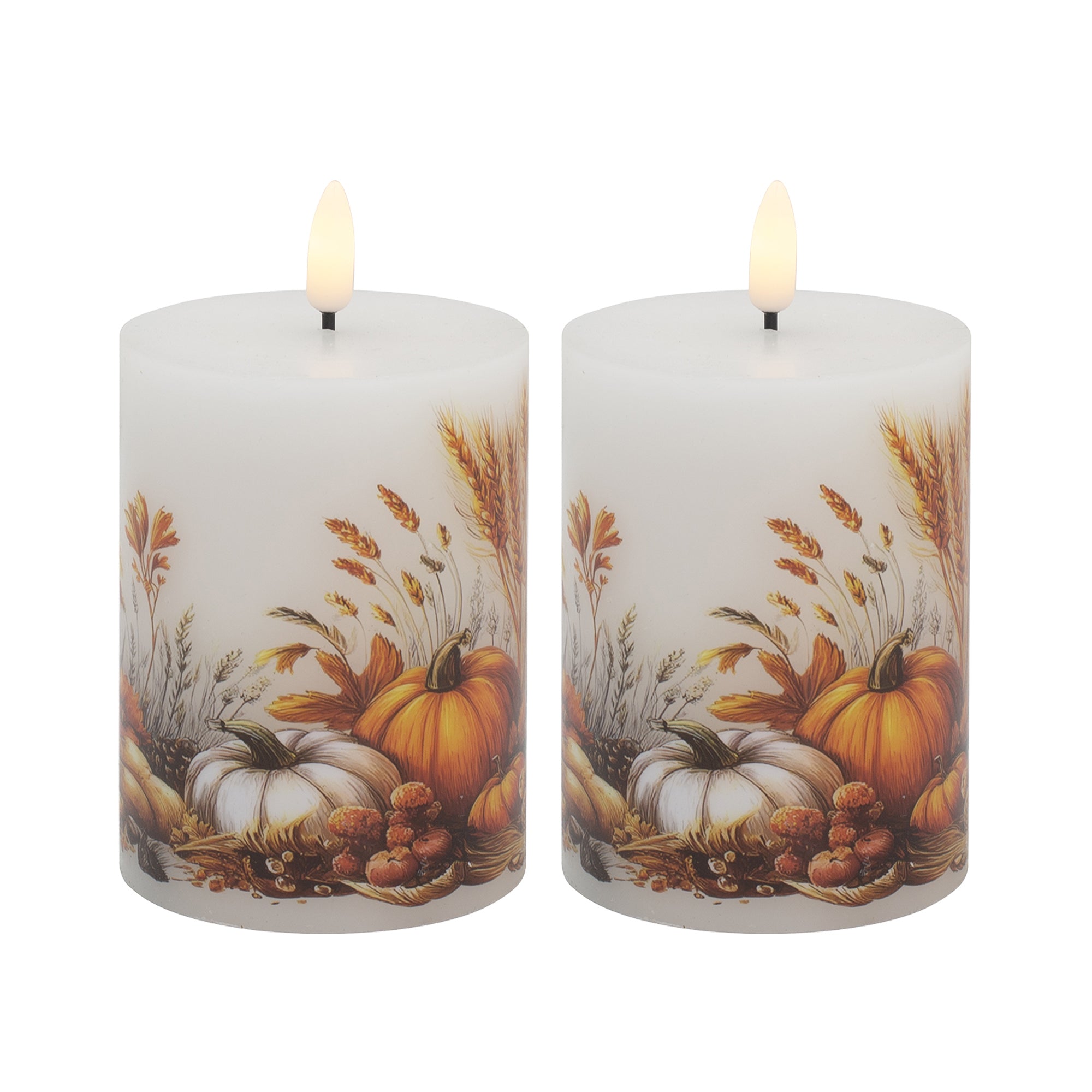 LED Wax Pillar Candle with Decal Pumpkins 3" X 4", Decorative Candle, Holiday Decor- Set of 2