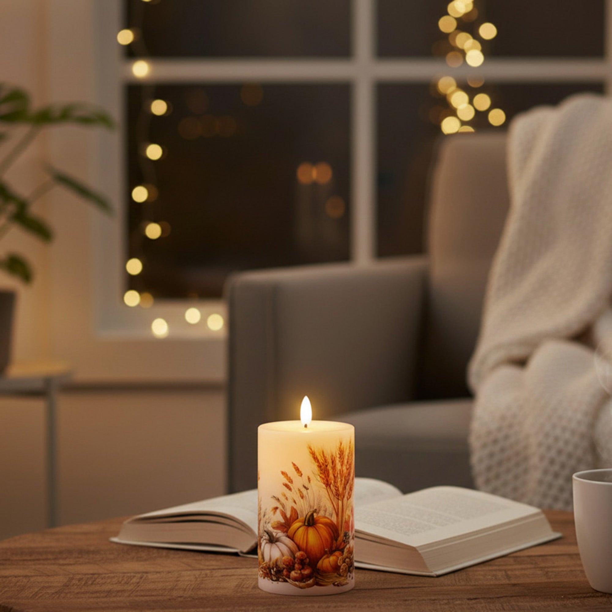 LED Wax Pillar Candle with Decal Pumpkins 3" X 5", Decorative Candle, Holiday Decor