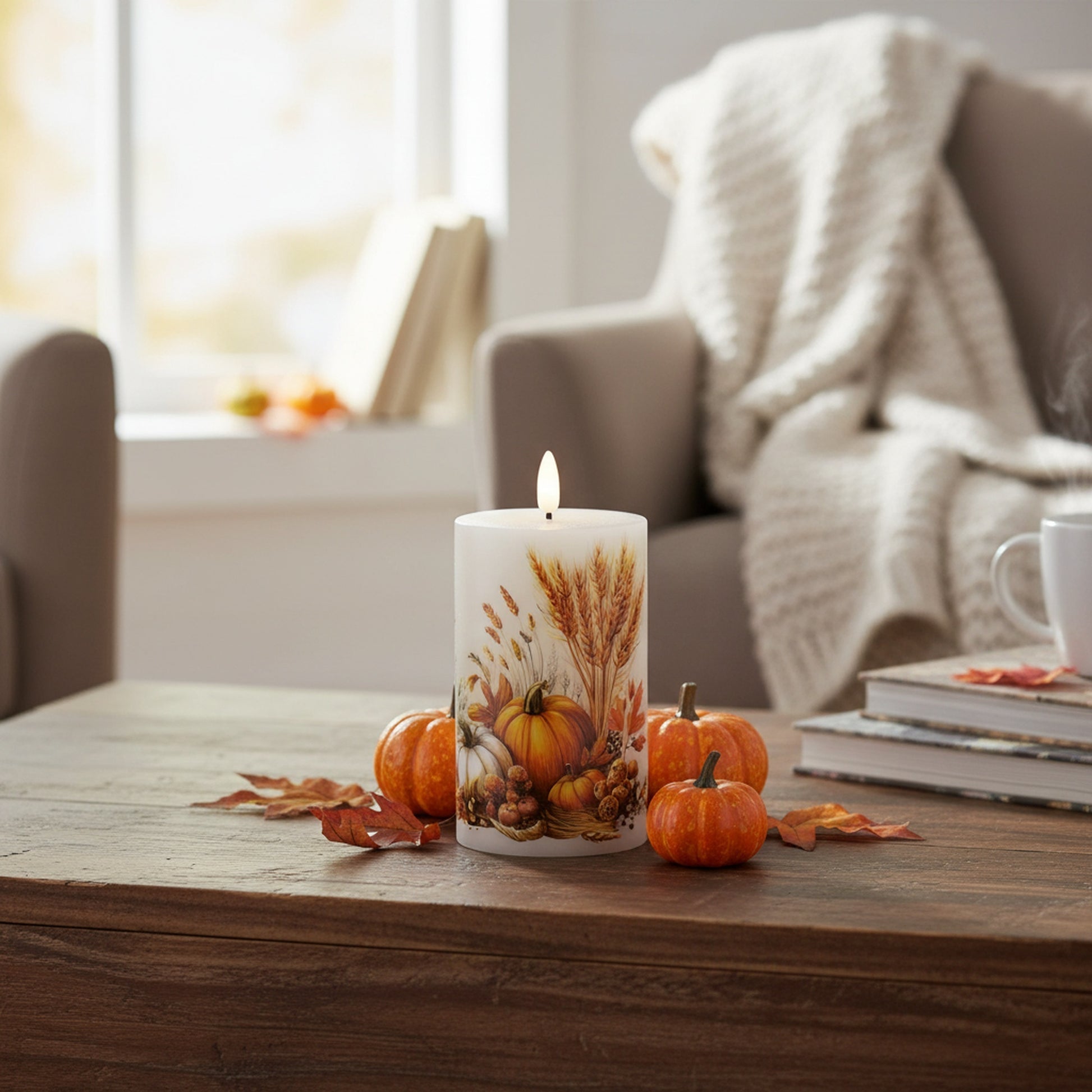 LED Wax Pillar Candle with Decal Pumpkins 3" X 5", Decorative Candle, Holiday Decor