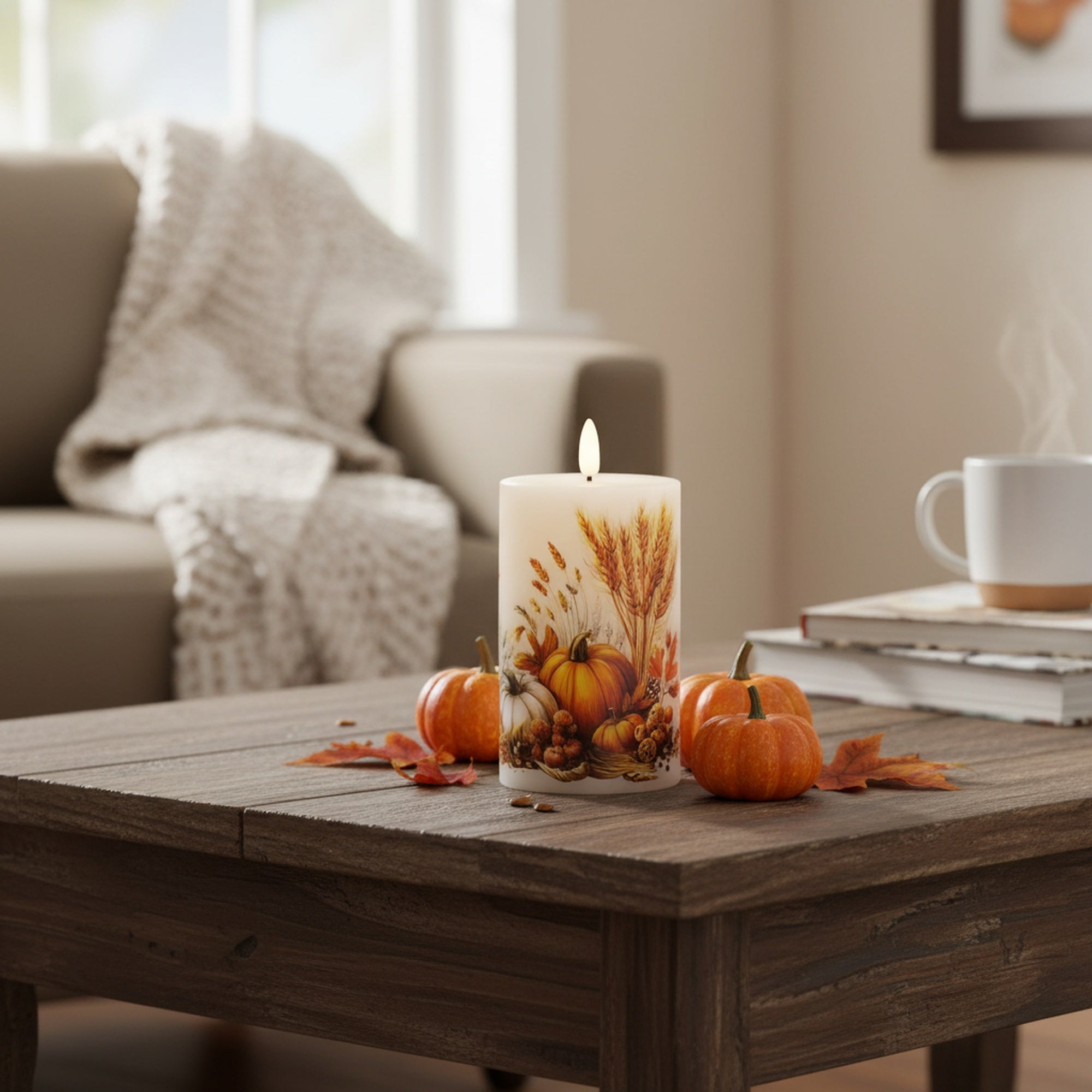 LED Wax Pillar Candle with Decal Pumpkins 3" X 5", Decorative Candle, Holiday Decor