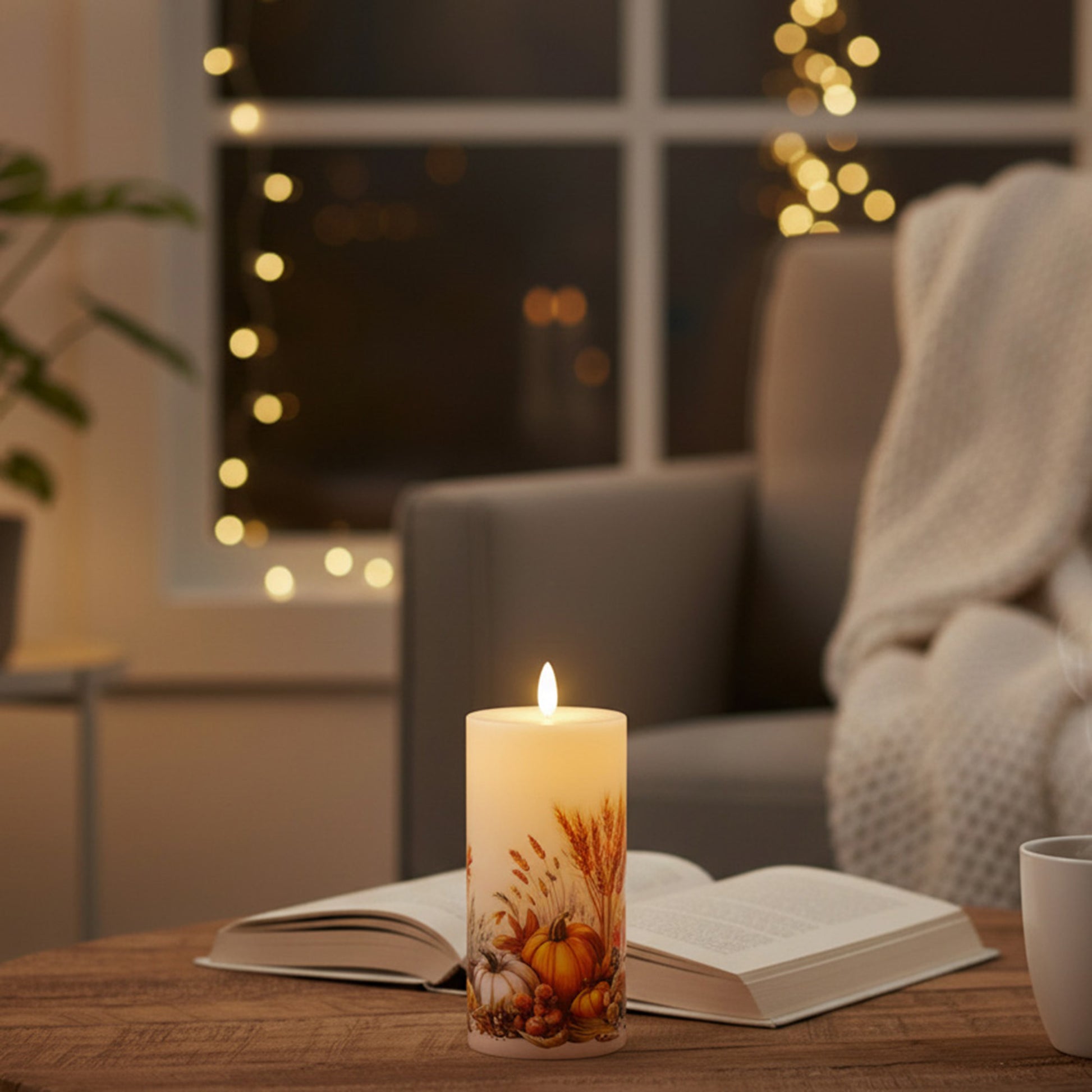 LED Wax Pillar Candle with Decal Pumpkins 3" X 6", Decorative Candle, Holiday Decor