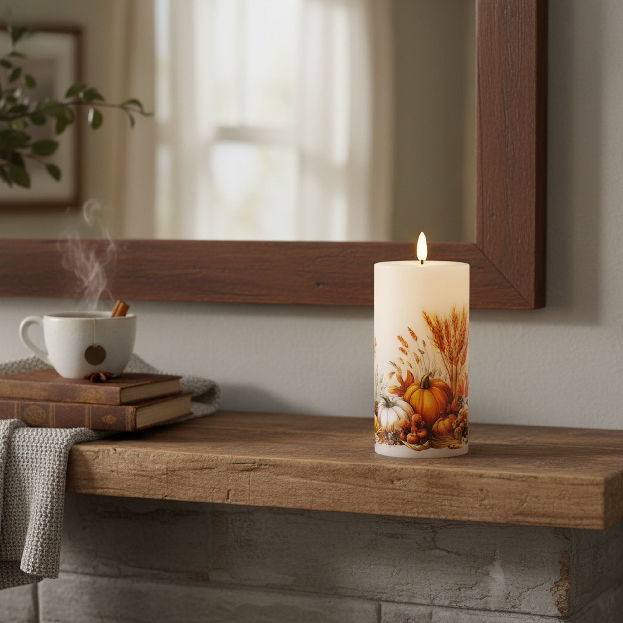 LED Wax Pillar Candle with Decal Pumpkins 3" X 6", Decorative Candle, Holiday Decor