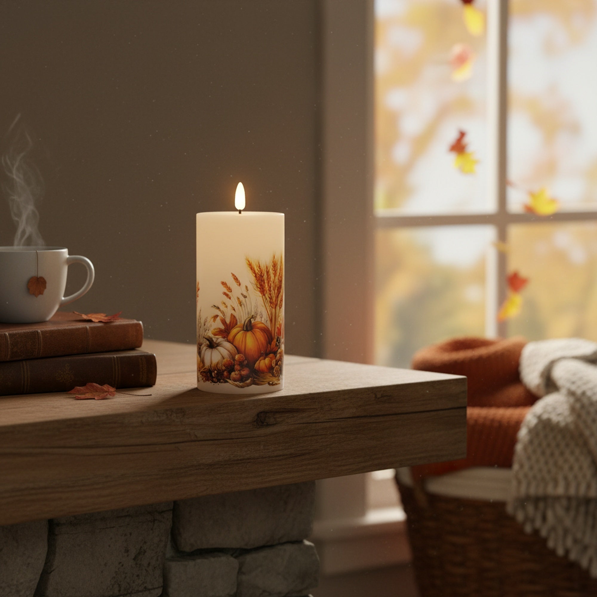 LED Wax Pillar Candle with Decal Pumpkins 3" X 6", Decorative Candle, Holiday Decor