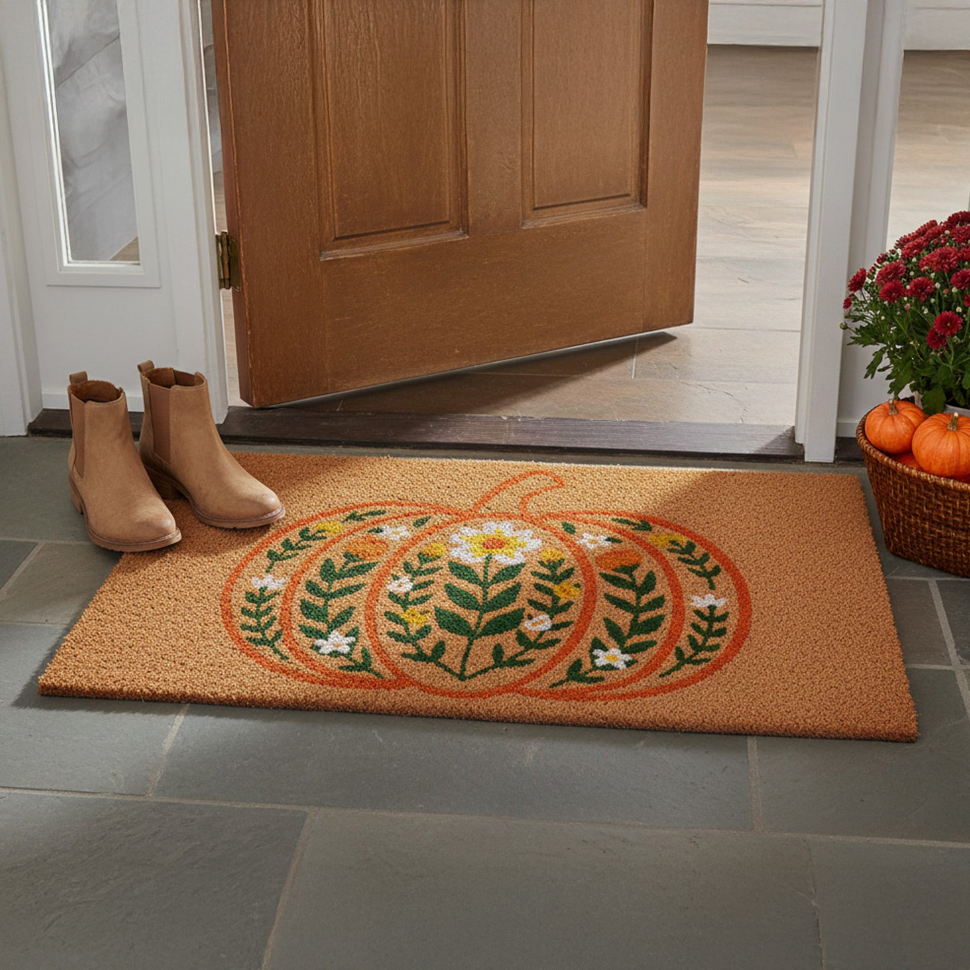 Coir Door Mat Pumpkin and Flowers, Fall Harvest, Door Mat, Holiday Decor