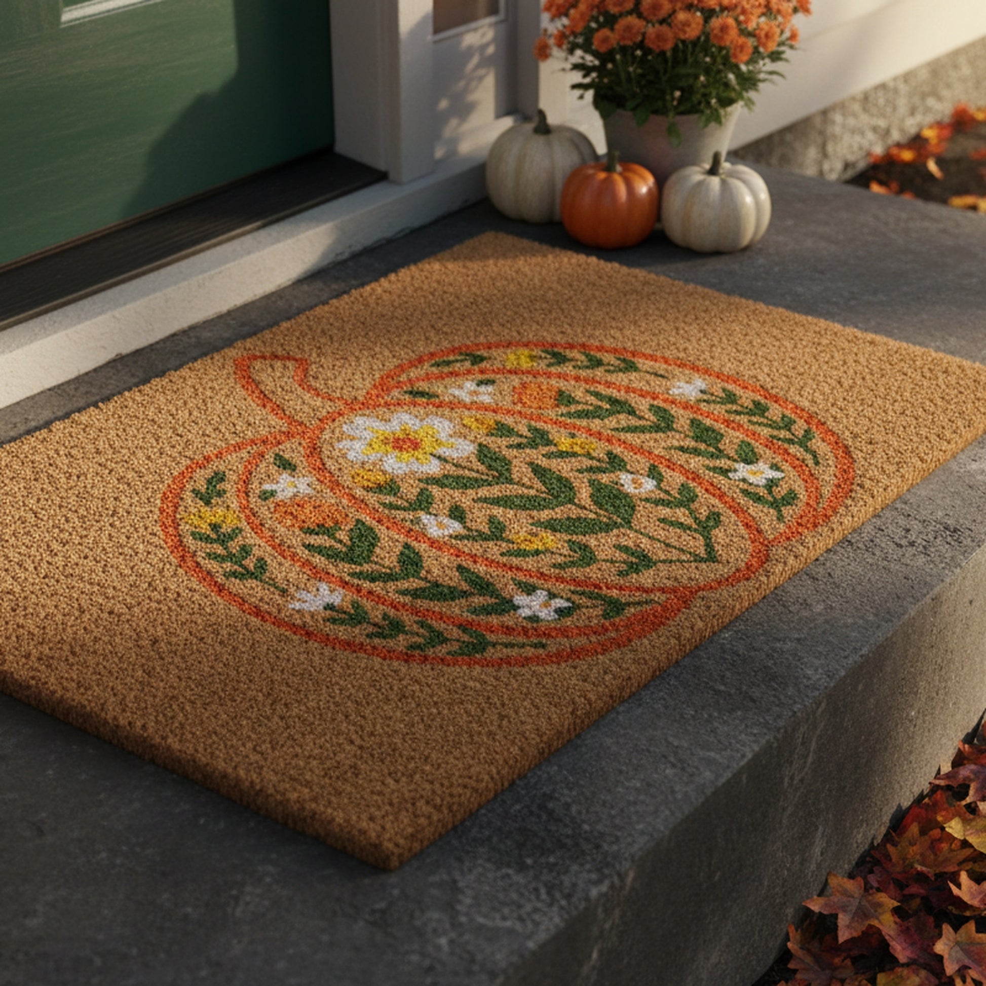 Coir Door Mat Pumpkin and Flowers, Fall Harvest, Door Mat, Holiday Decor