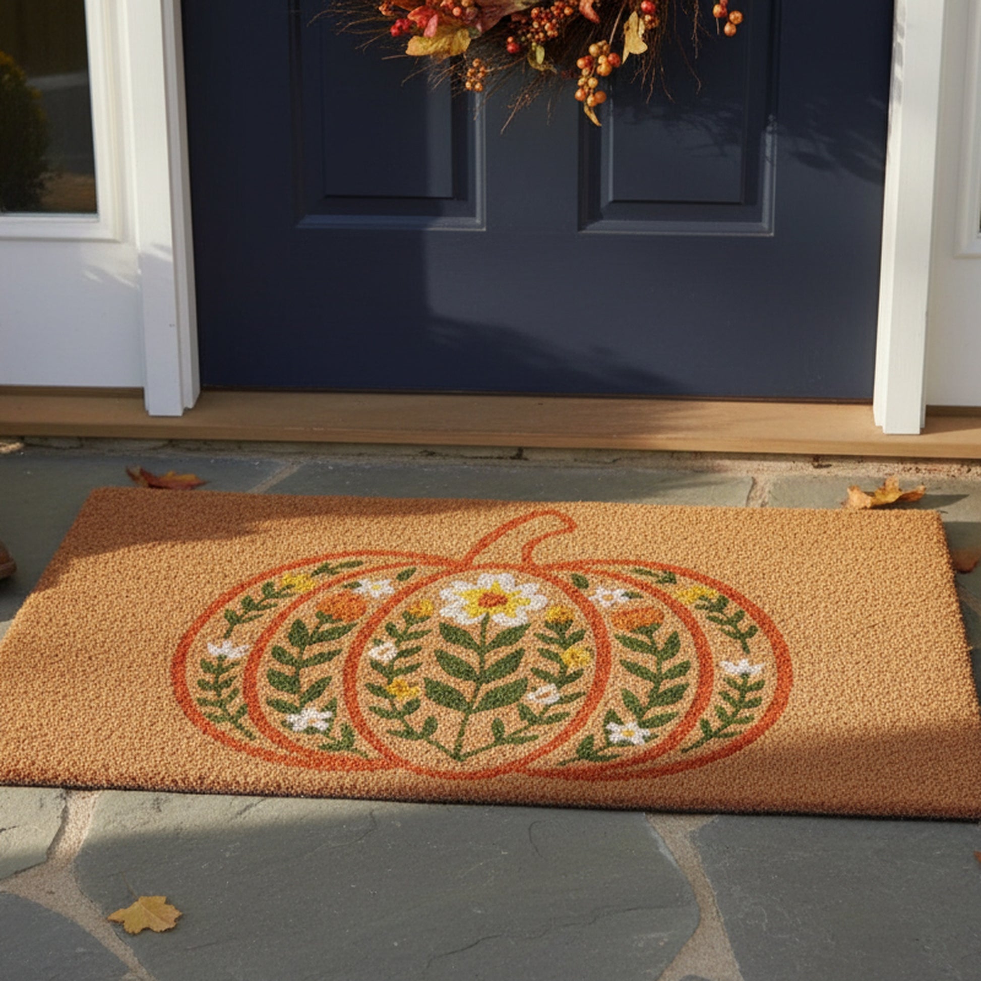 Coir Door Mat Pumpkin and Flowers, Fall Harvest, Door Mat, Holiday Decor
