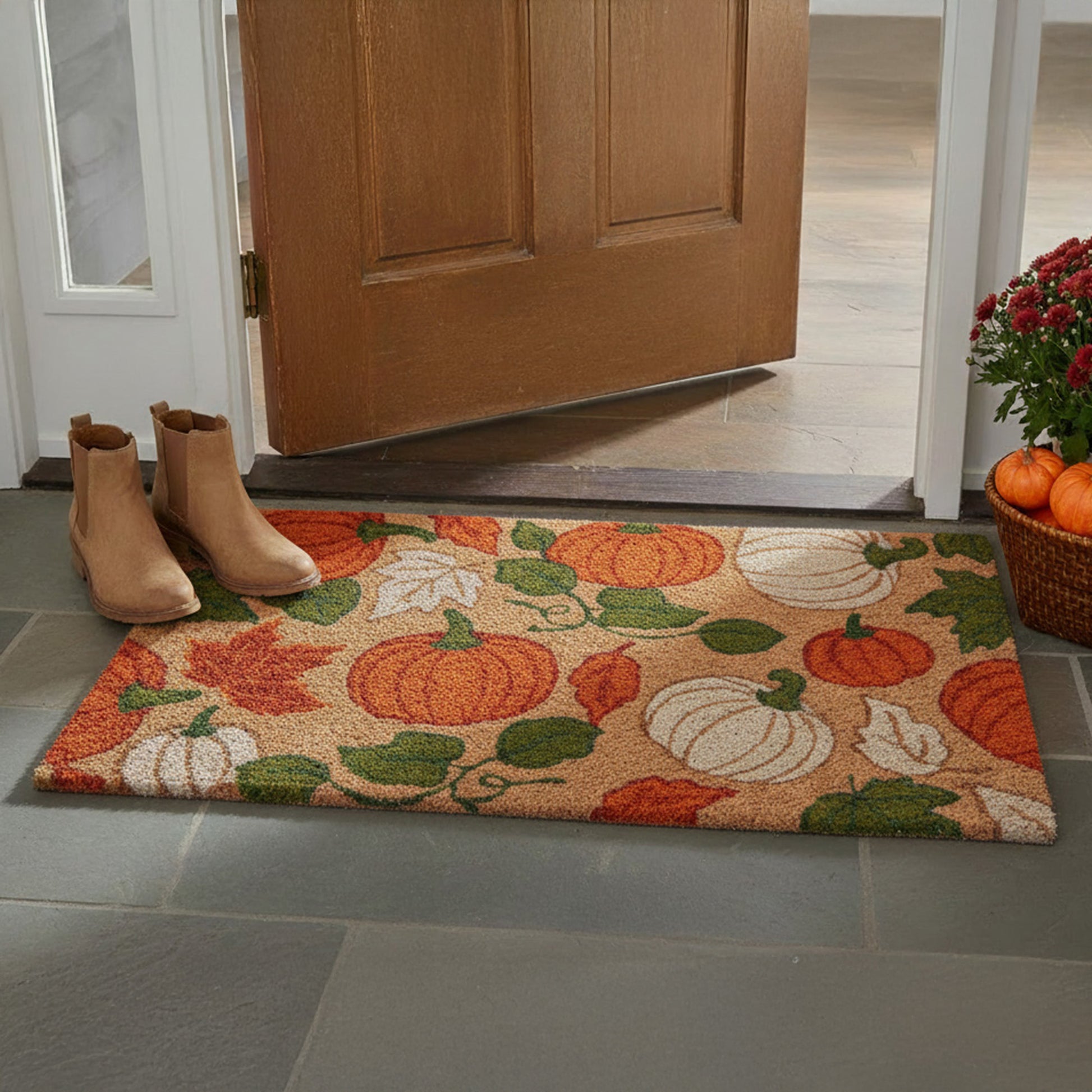 Coir Door Mat Pumpkins and Leaves, Door Mat, Holiday Decor