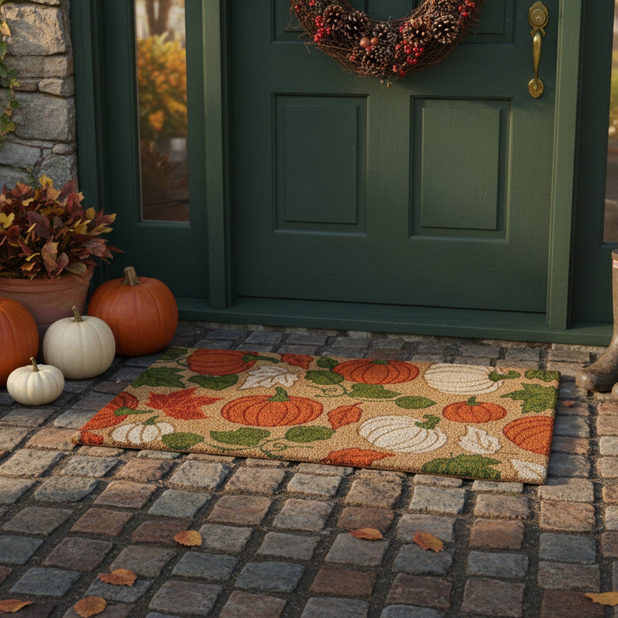 Coir Door Mat Pumpkins and Leaves, Door Mat, Holiday Decor