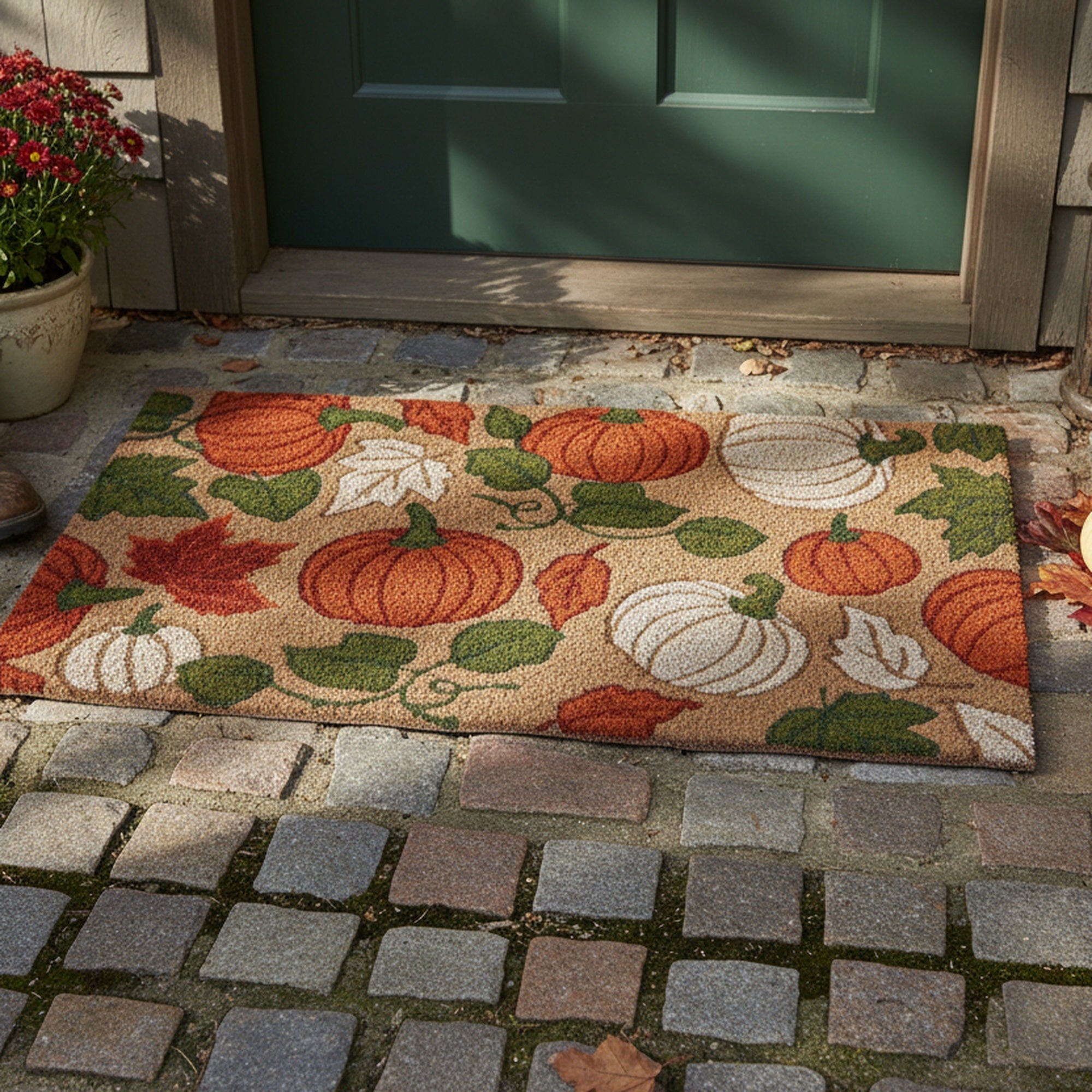 Coir Door Mat Pumpkins and Leaves, Door Mat, Holiday Decor