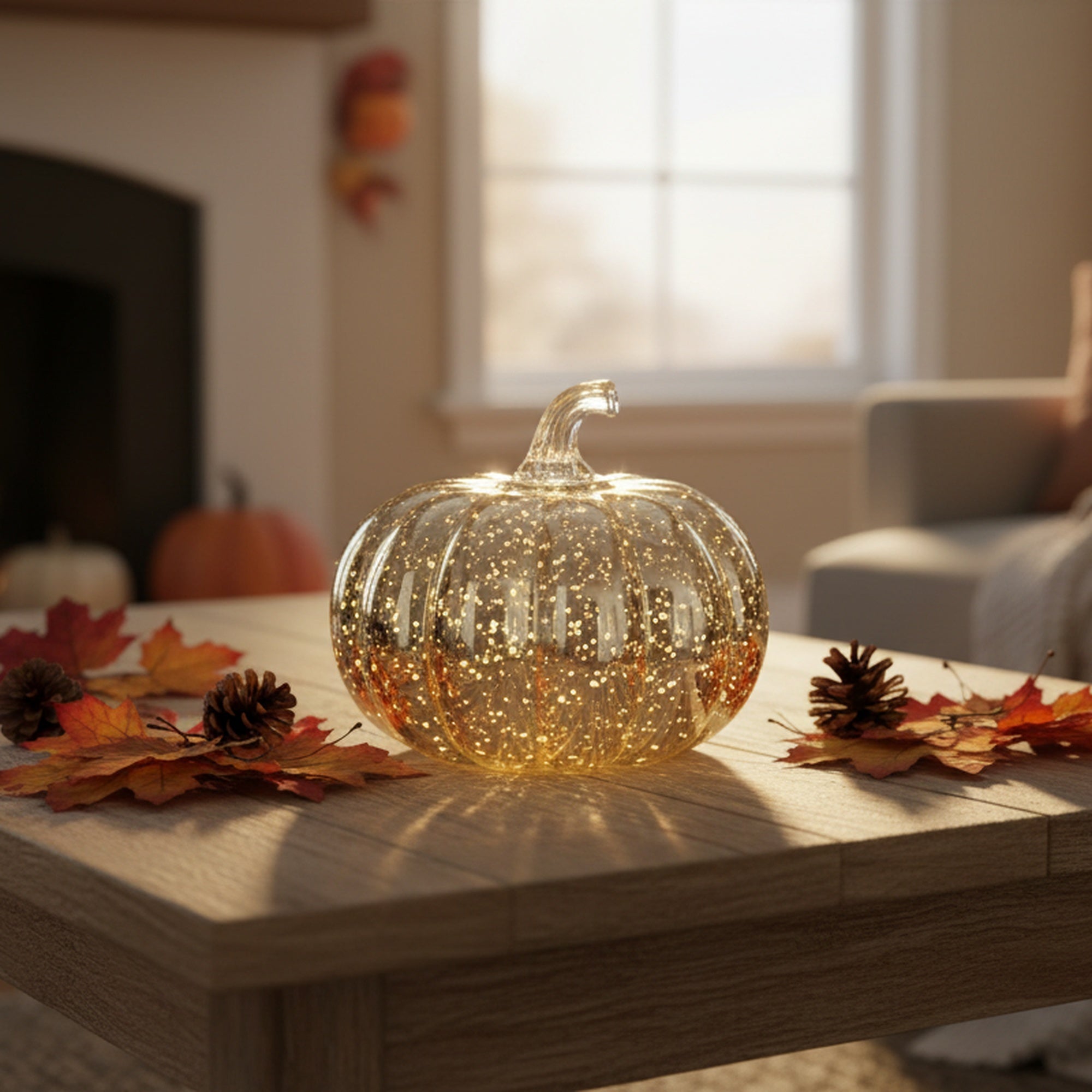 5.5" LED Glass Pumpkin Decor Silver, Fall Harvest, Holiday Decor