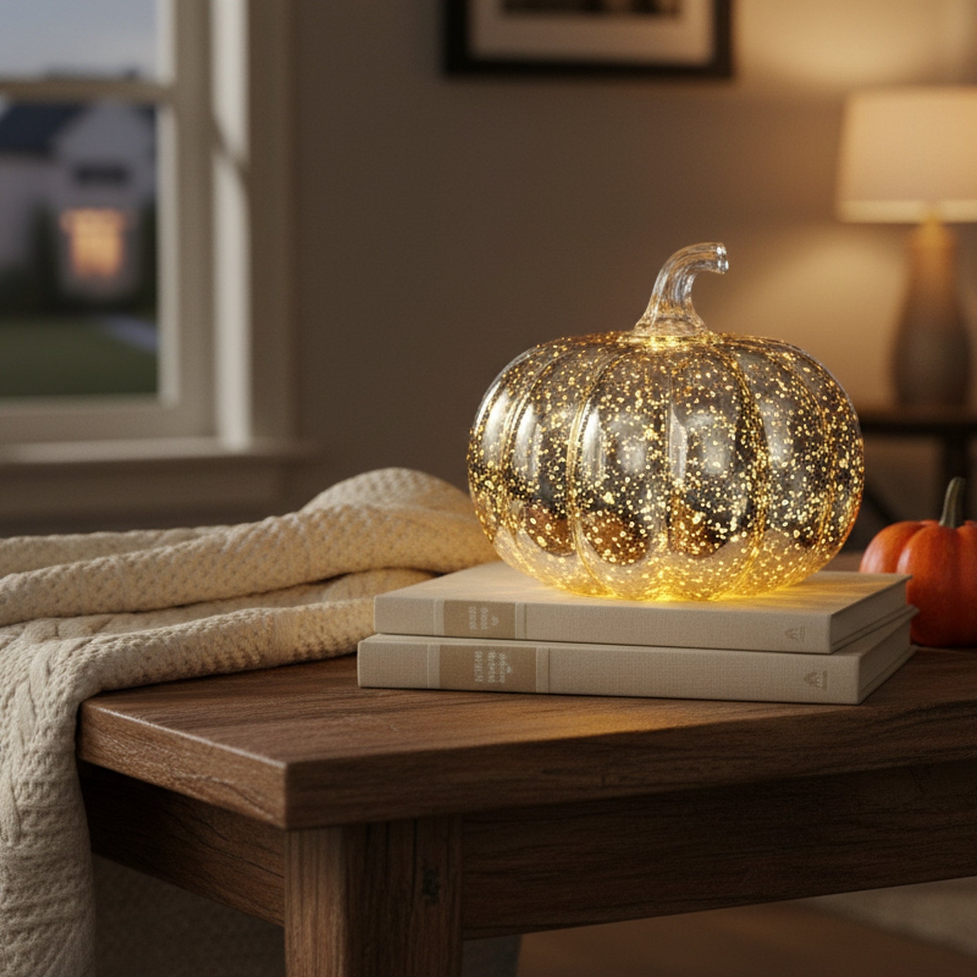 5.5" LED Glass Pumpkin Decor Silver, Fall Harvest, Holiday Decor