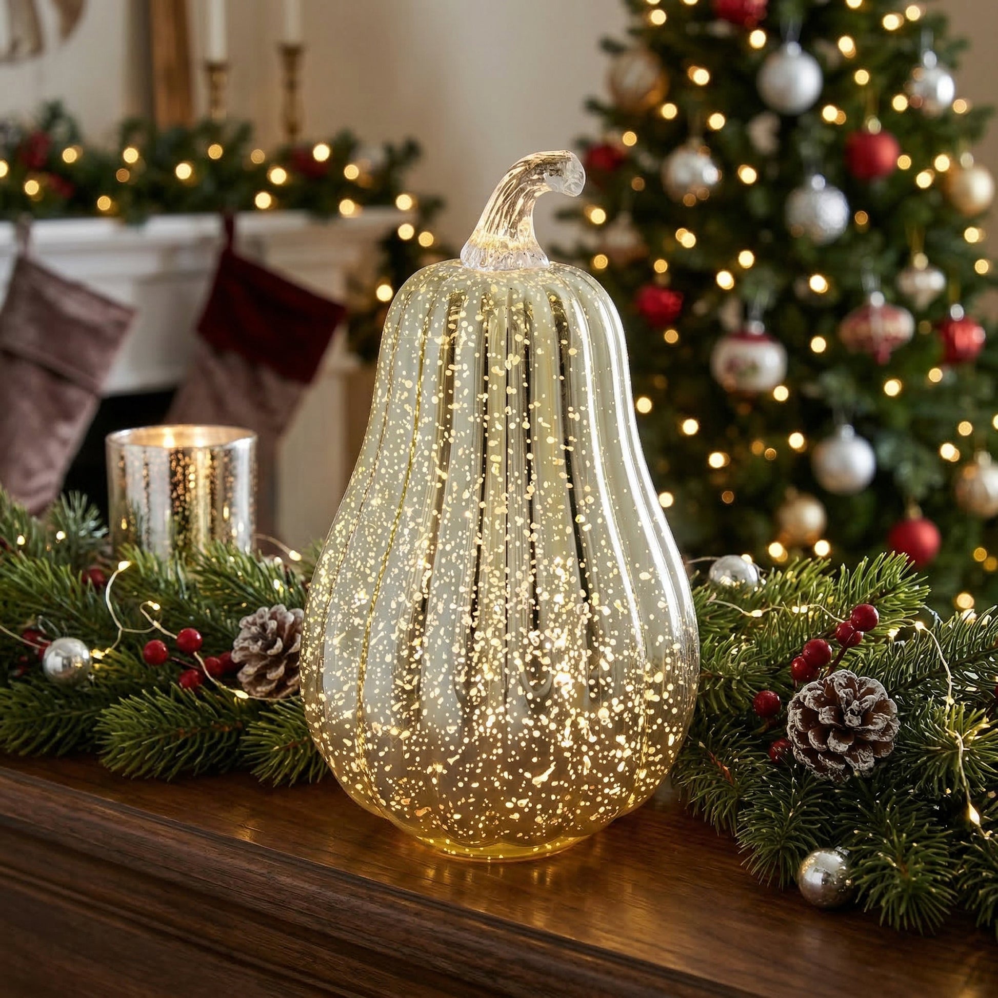 8" LED Glass Squash Decor Silver, Holiday Decor