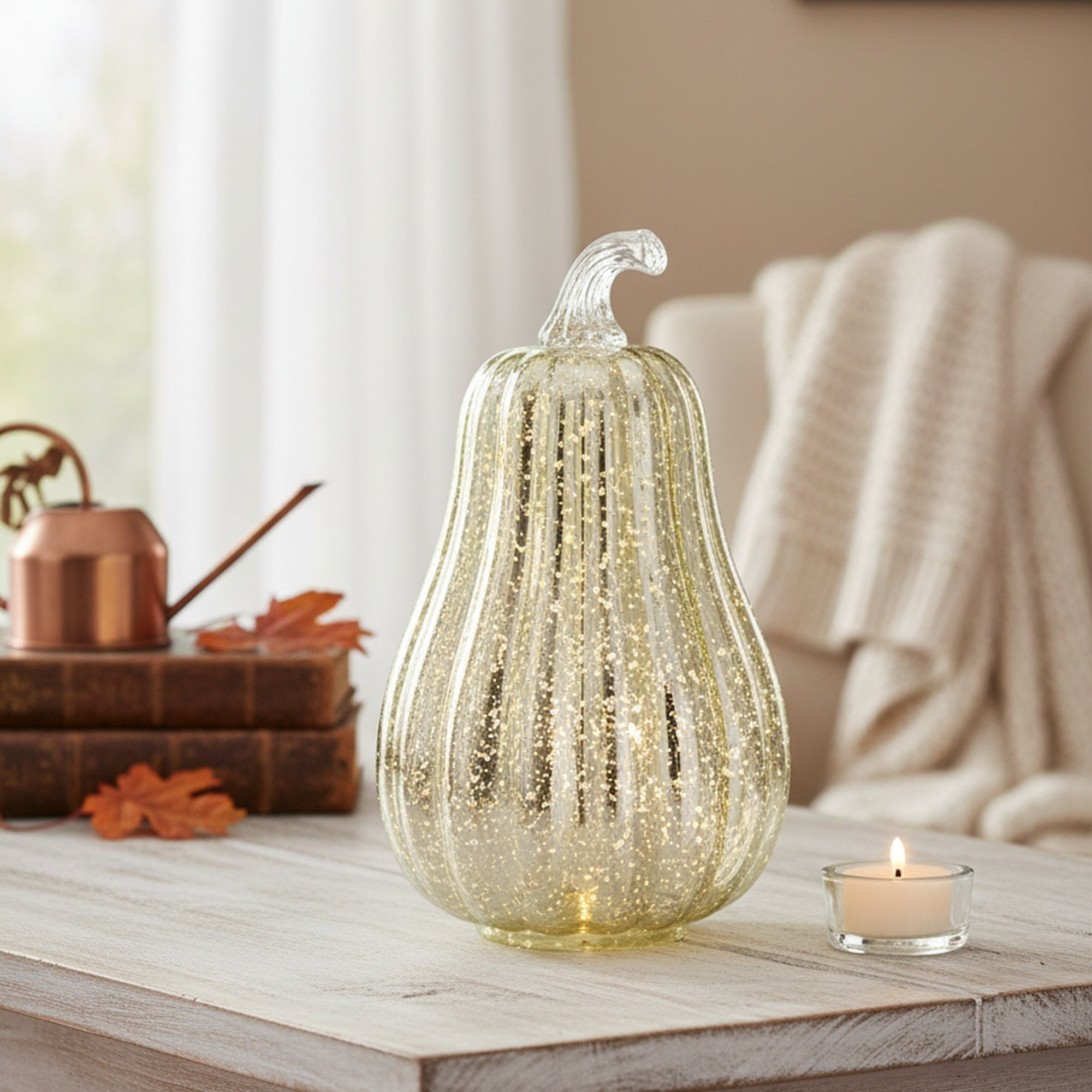 8" LED Glass Squash Decor Silver, Holiday Decor