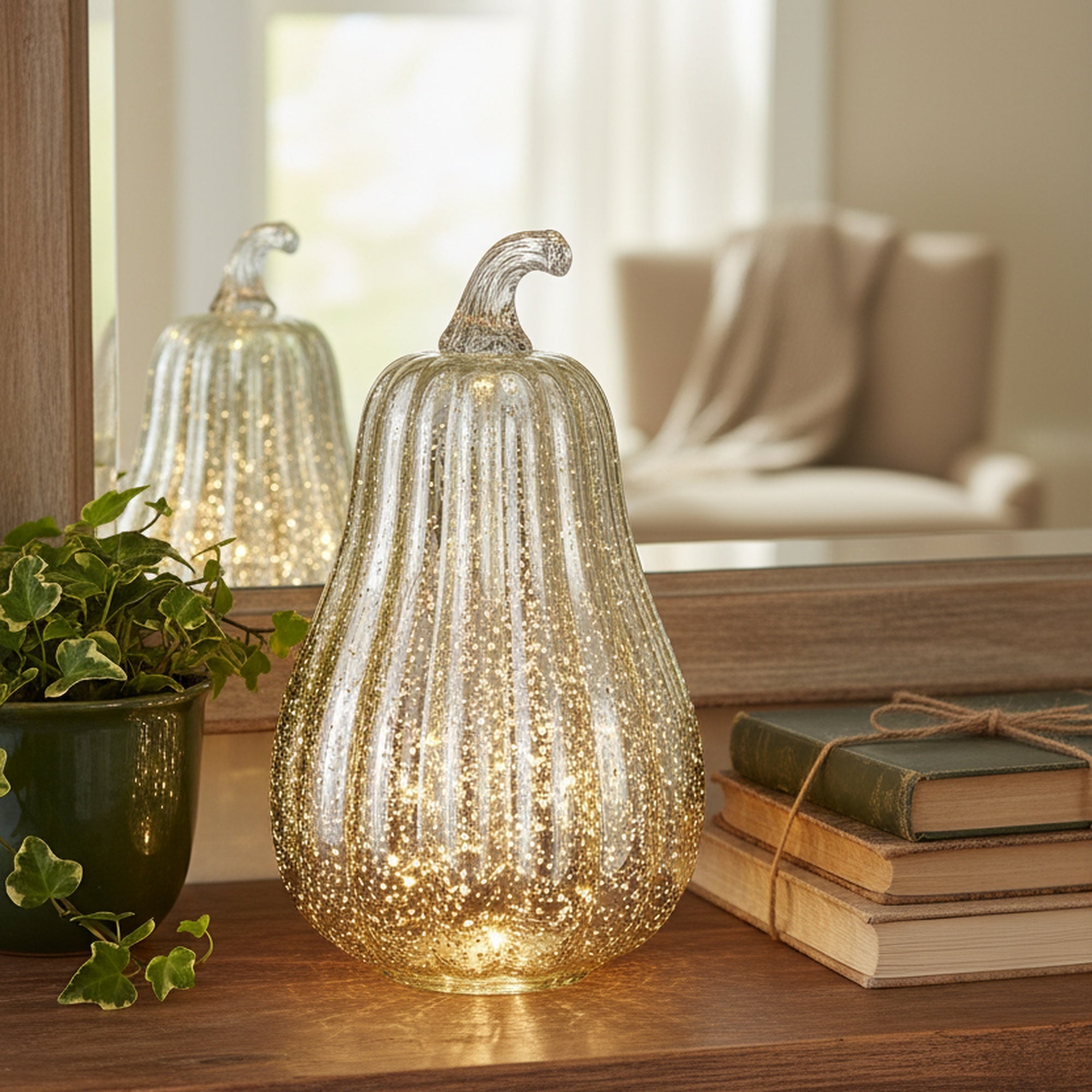 8" LED Glass Squash Decor Silver, Holiday Decor