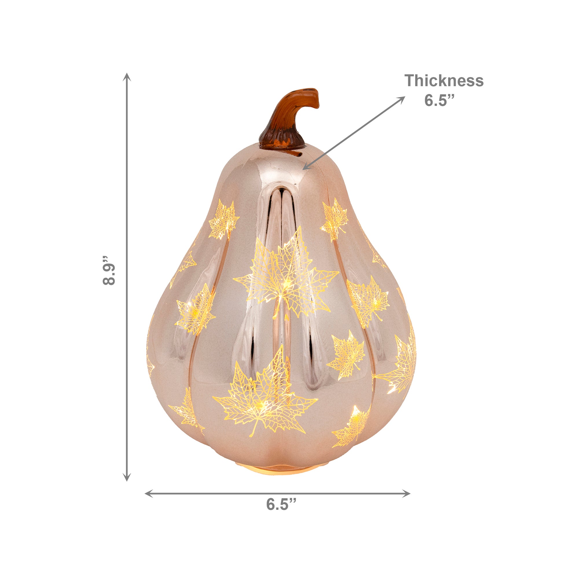 8.9" LED Glass Squash with Maple Leaves Bronze, Fall Harvest, Holiday Decor
