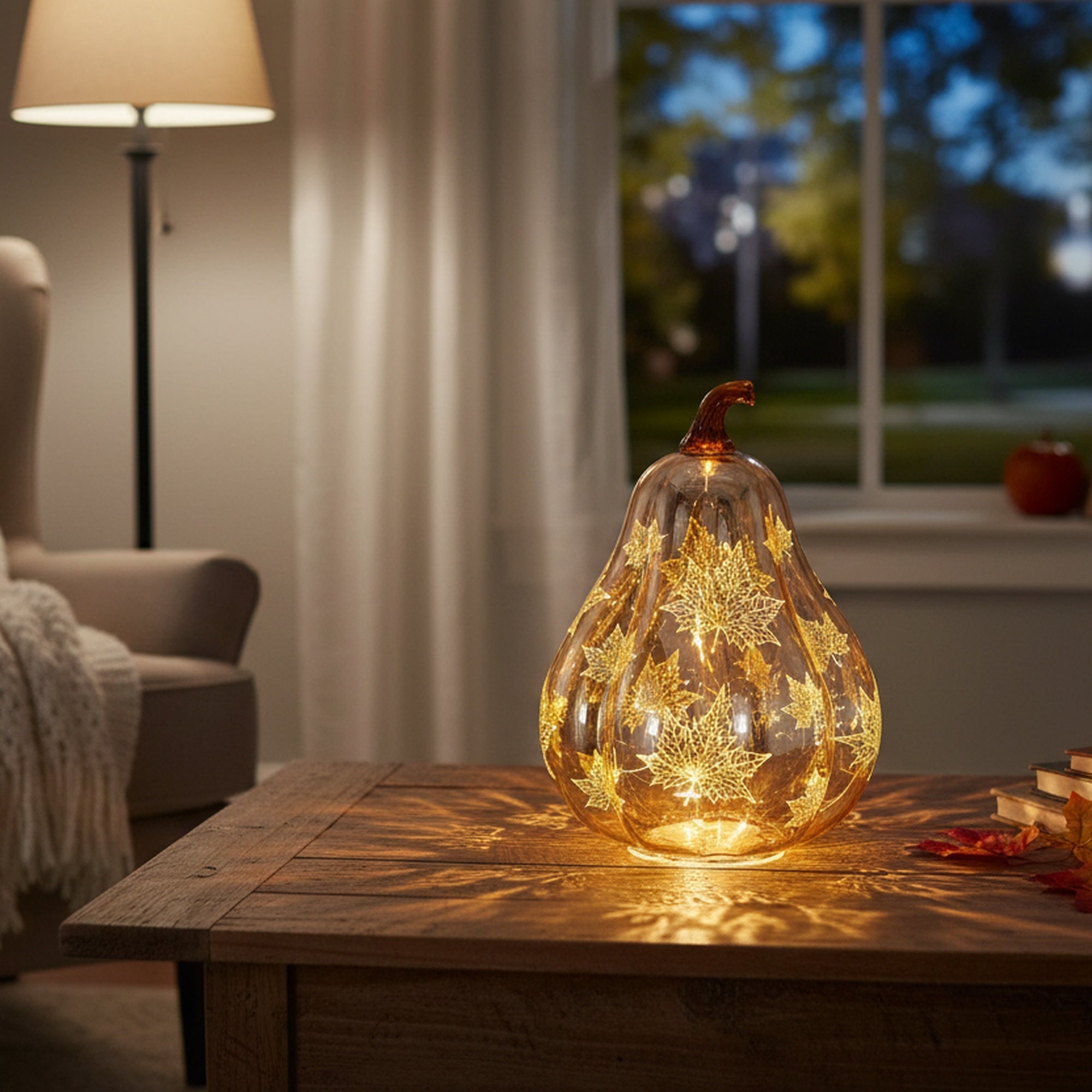 8.9" LED Glass Squash with Maple Leaves Bronze, Fall Harvest, Holiday Decor