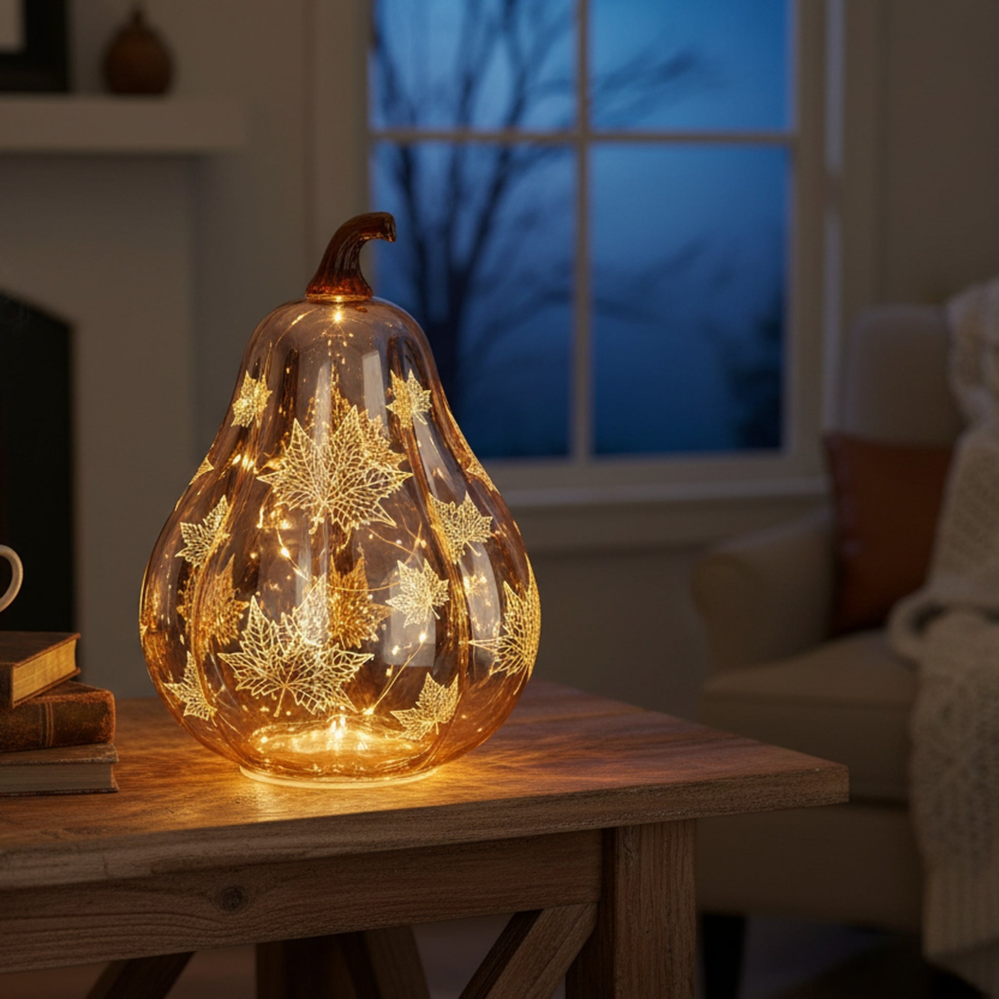 8.9" LED Glass Squash with Maple Leaves Bronze, Fall Harvest, Holiday Decor