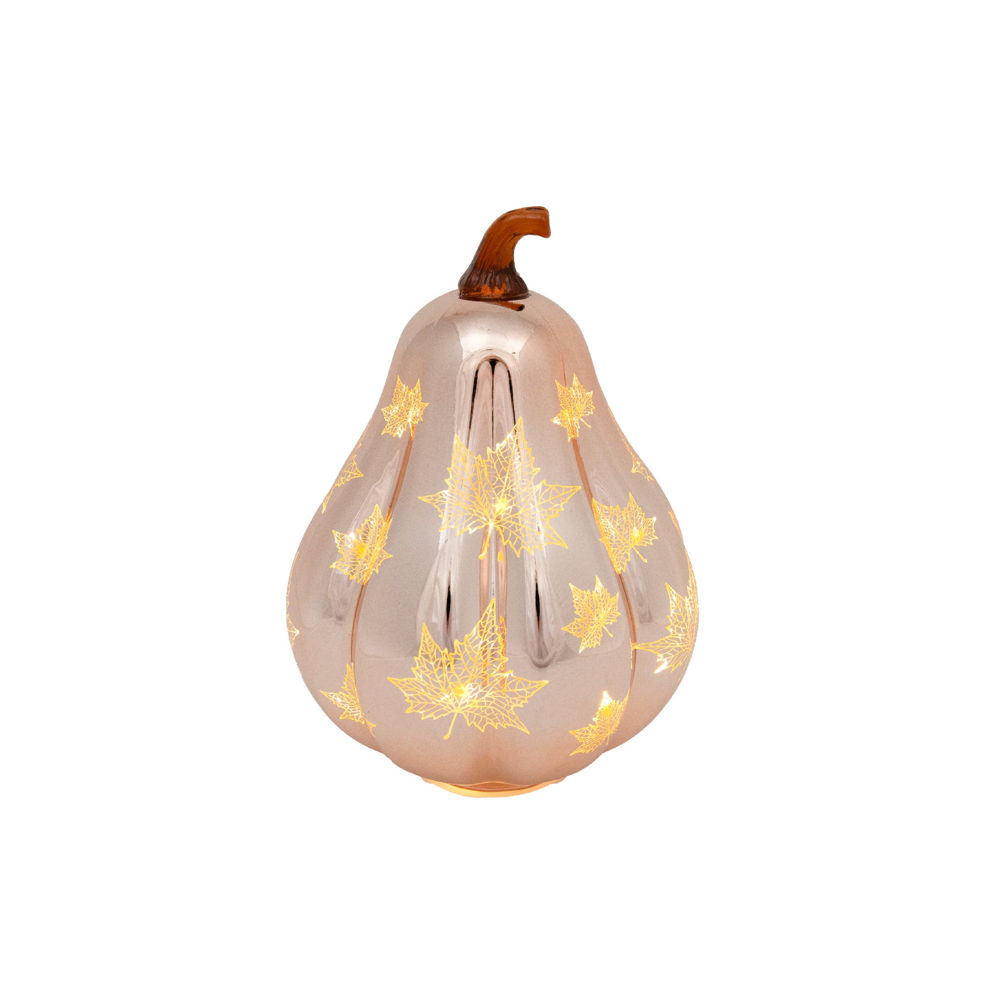 8.9" LED Glass Squash with Maple Leaves Bronze, Fall Harvest, Holiday Decor