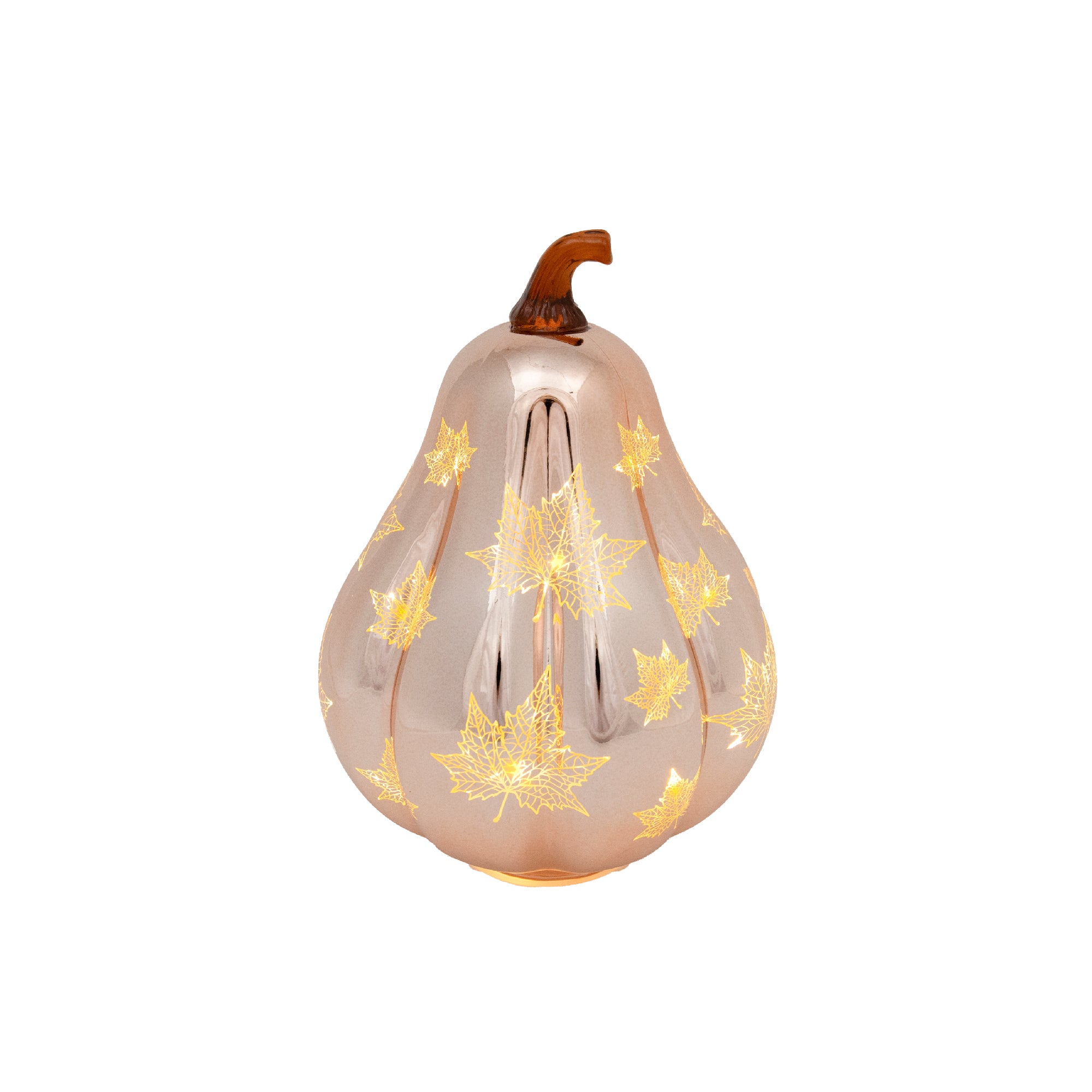 8.9" LED Glass Squash with Maple Leaves Bronze, Fall Harvest, Holiday Decor