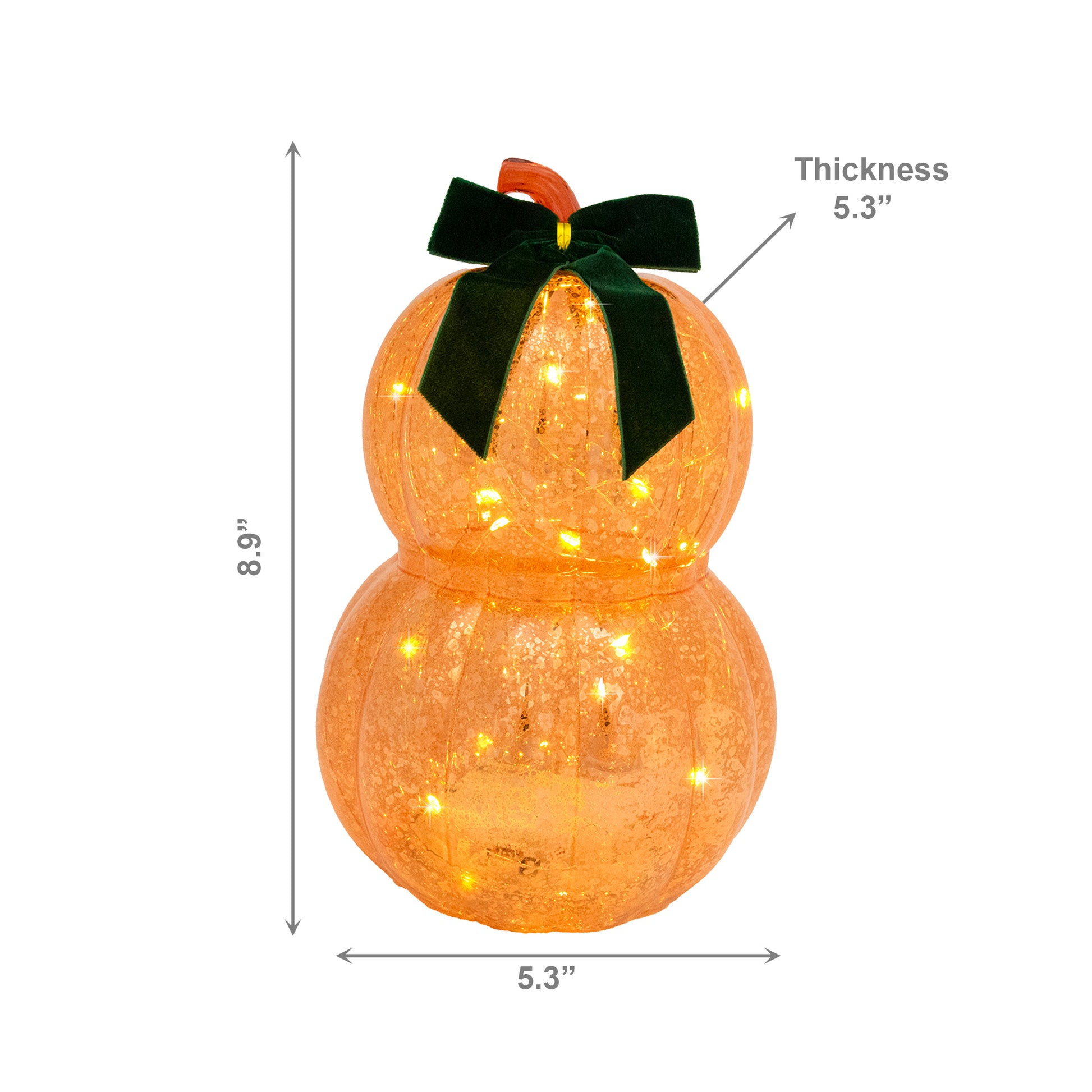 8.9" LED Glass Double Pumpkin with Velvet Bow Orange, Fall Harvest, Holiday Decor