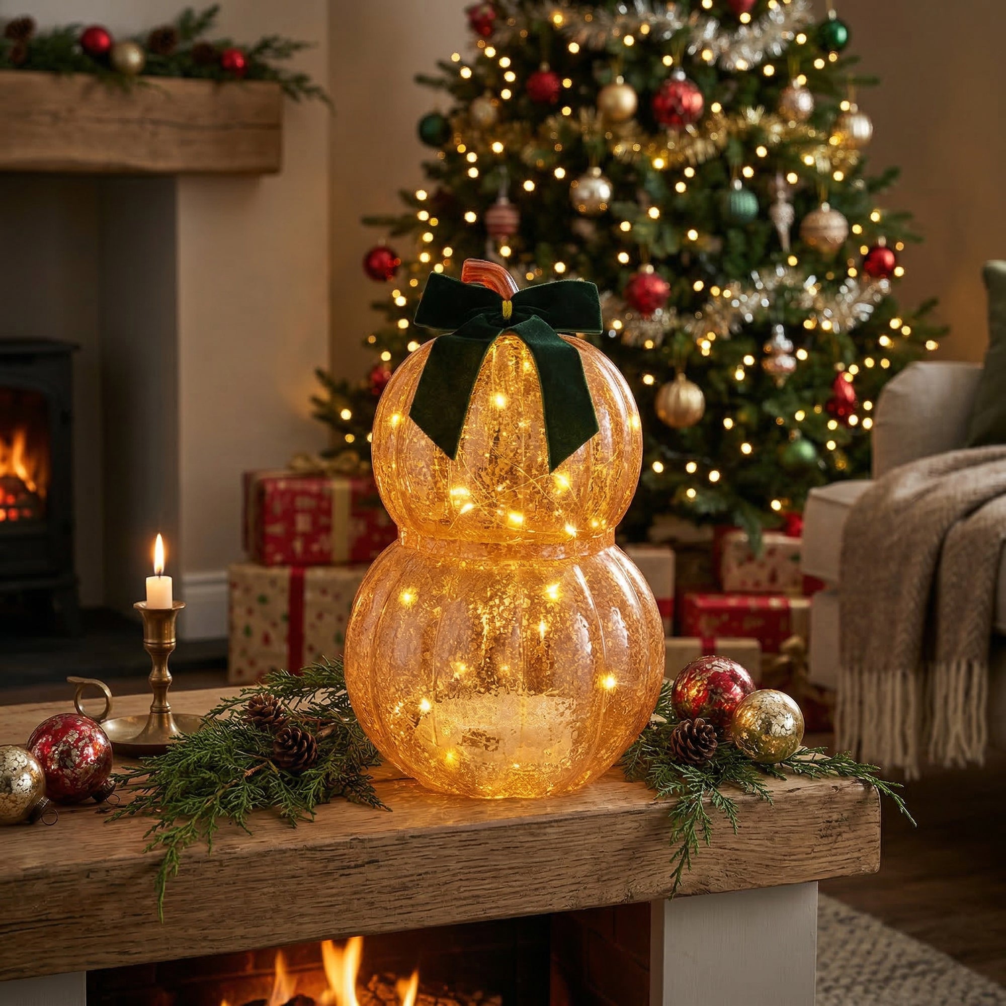 8.9" LED Glass Double Pumpkin with Velvet Bow Orange, Fall Harvest, Holiday Decor