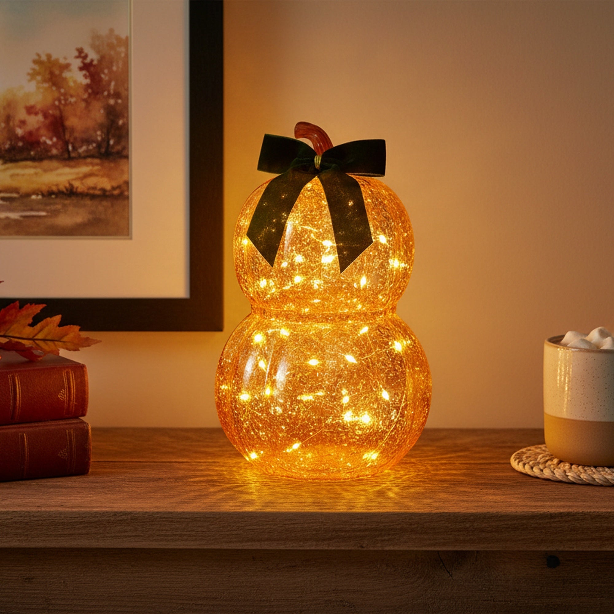 8.9" LED Glass Double Pumpkin with Velvet Bow Orange, Fall Harvest, Holiday Decor